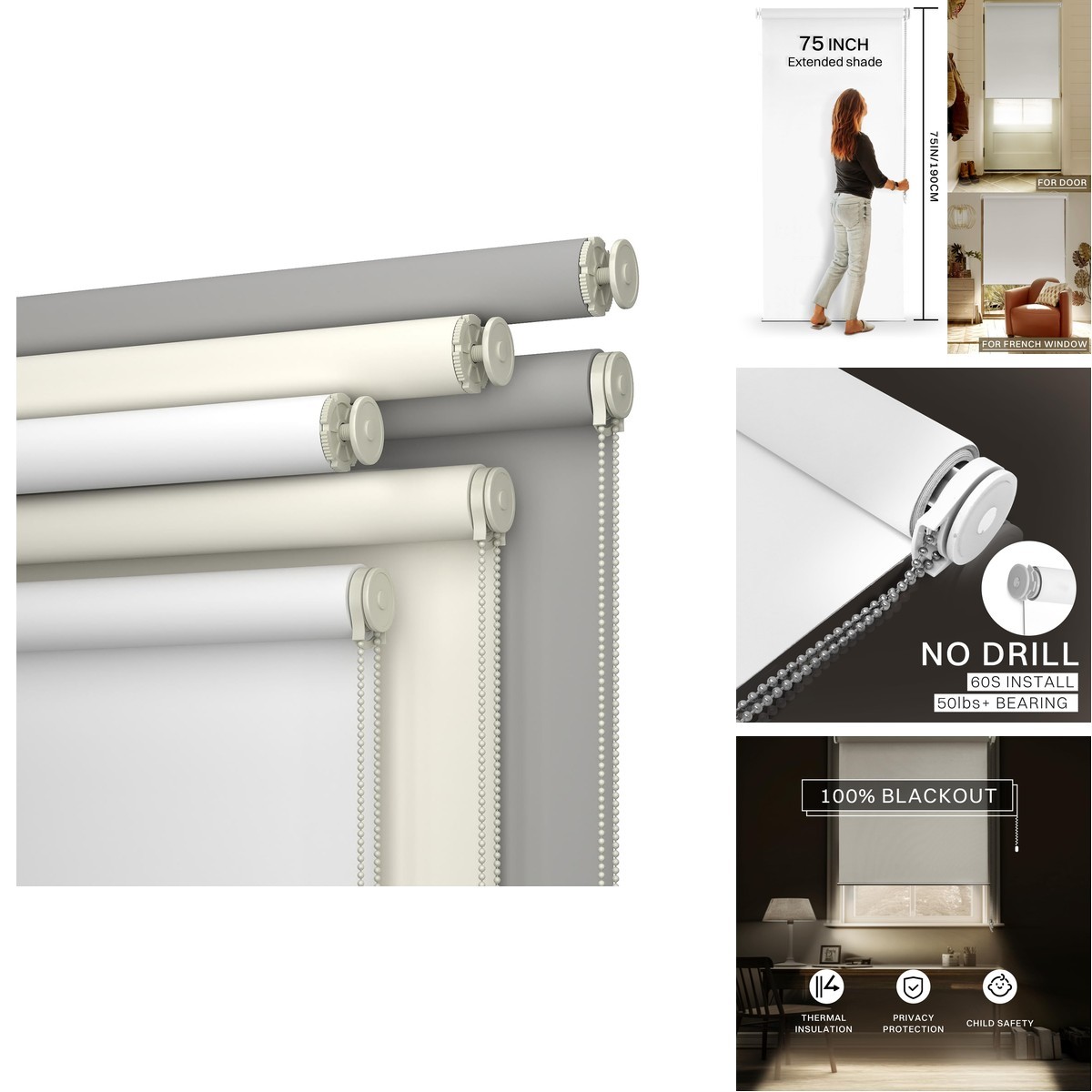 Hidpriva No Drill No Tools 100 Blackout Uv Blind For Down – 34 W X 75 H