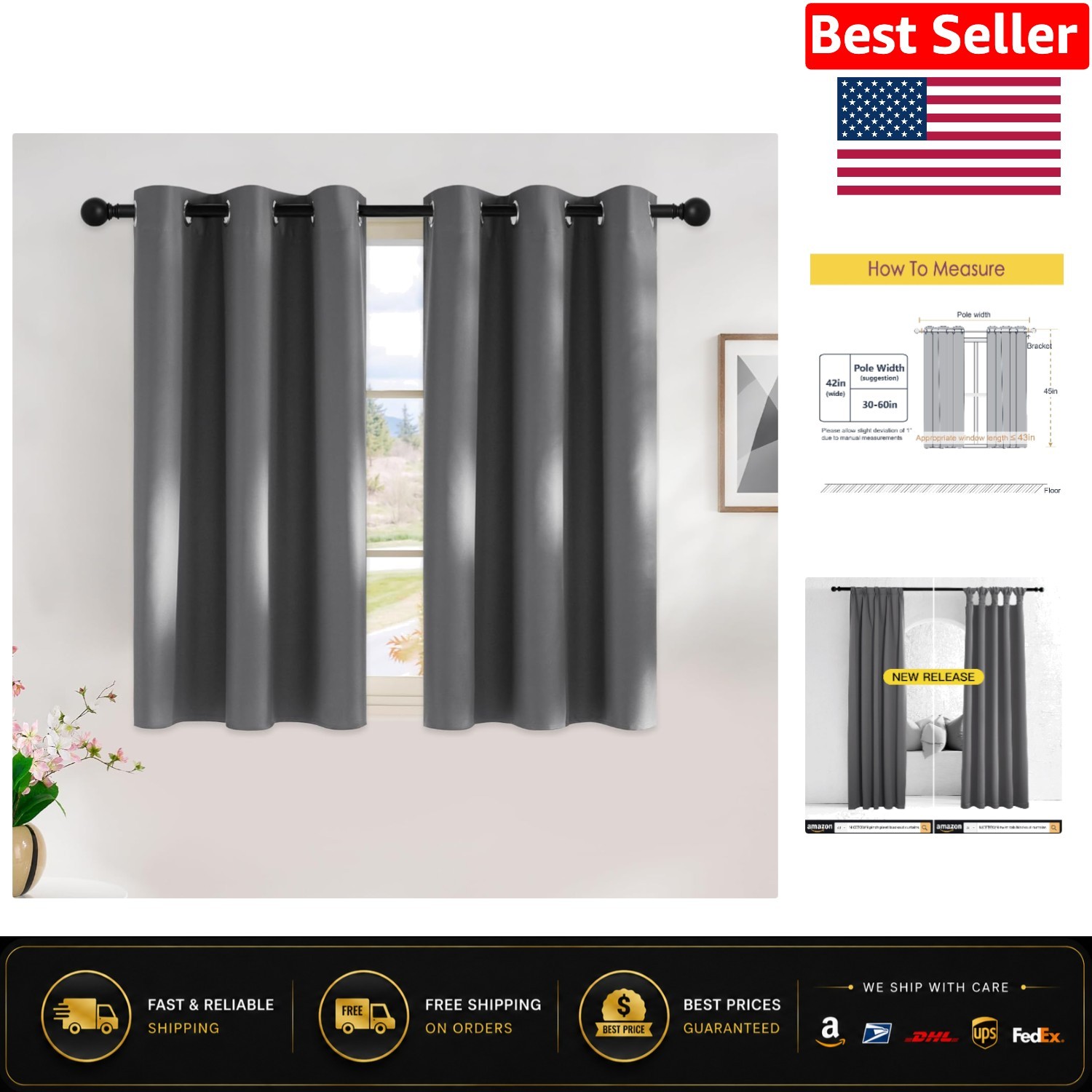 Thermal Insulated Grey Blackout Drapes, Grommet Top, 42W x 45L Inches – 2 Panels