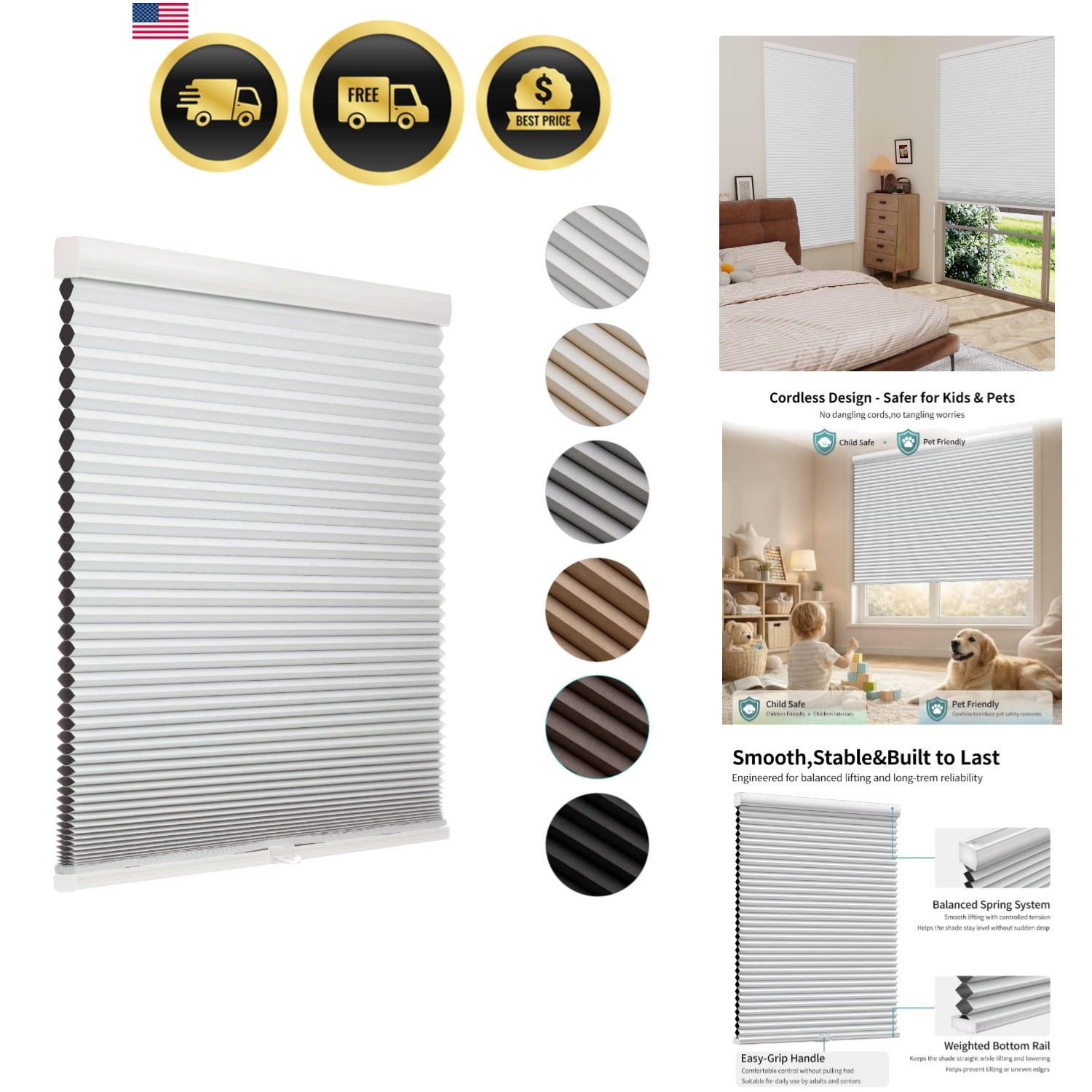 Cordless Blackout Cellular Shades for Windows, Honeycomb Window Shades with T…