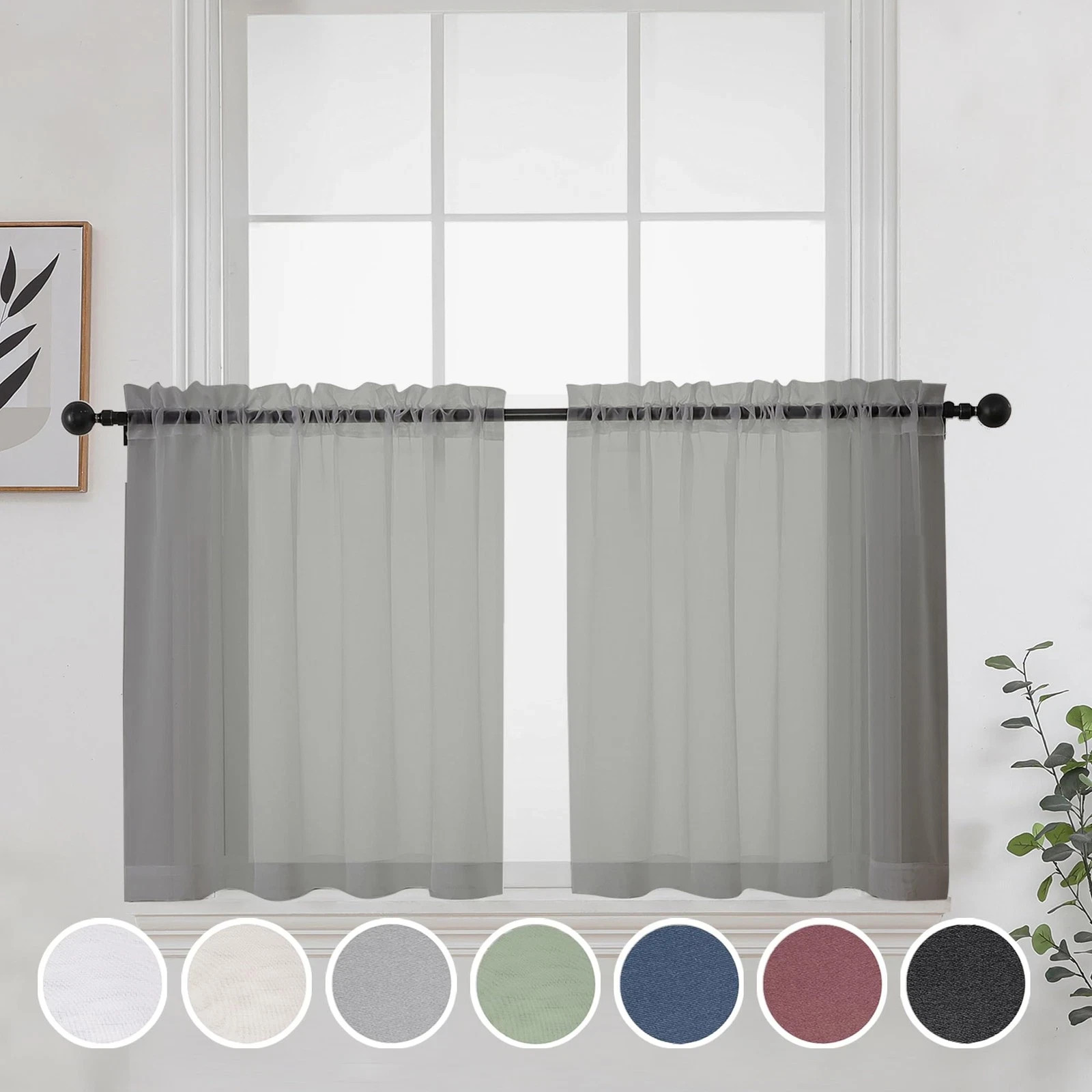 Sheer Curtains 24 Inches Long 2 Panels for 42″W x 24″L (Pack of 2) Grey