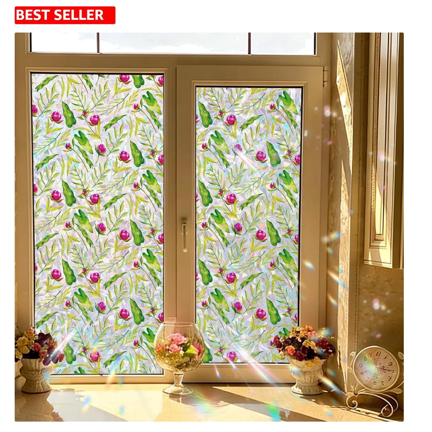 Rainbow Effect Floral Window Privacy Film – Easy Static Cling, 17.5” x 78.7”