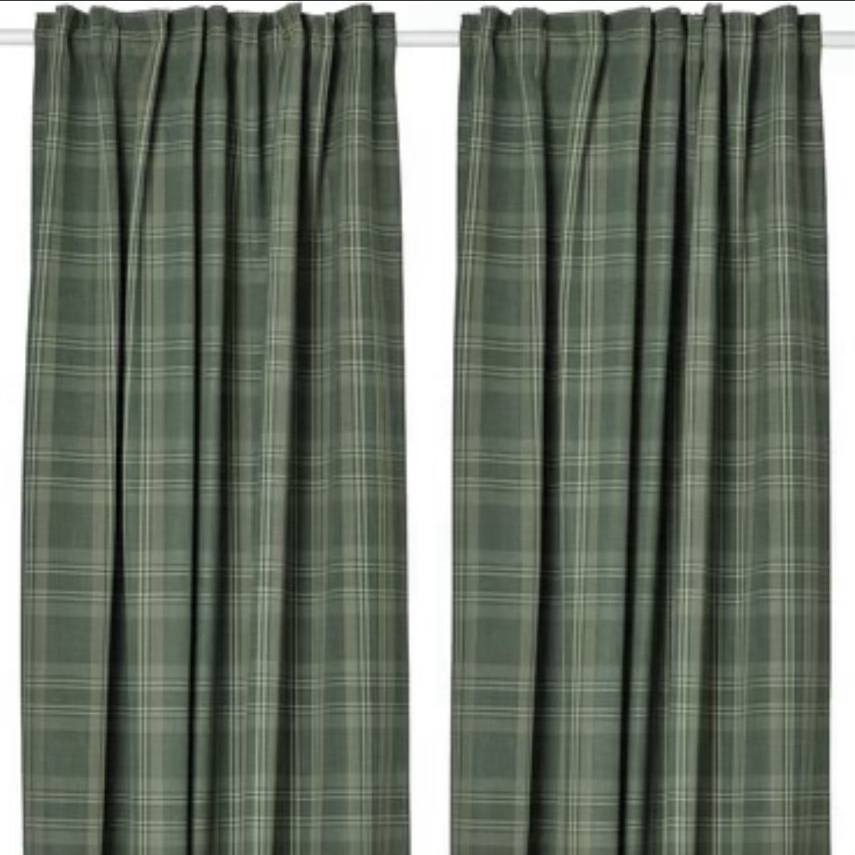 Ikea HAGGVECKMAL Dark Green Tartan Plaid Drapes 98” 2 Panels Curtains
