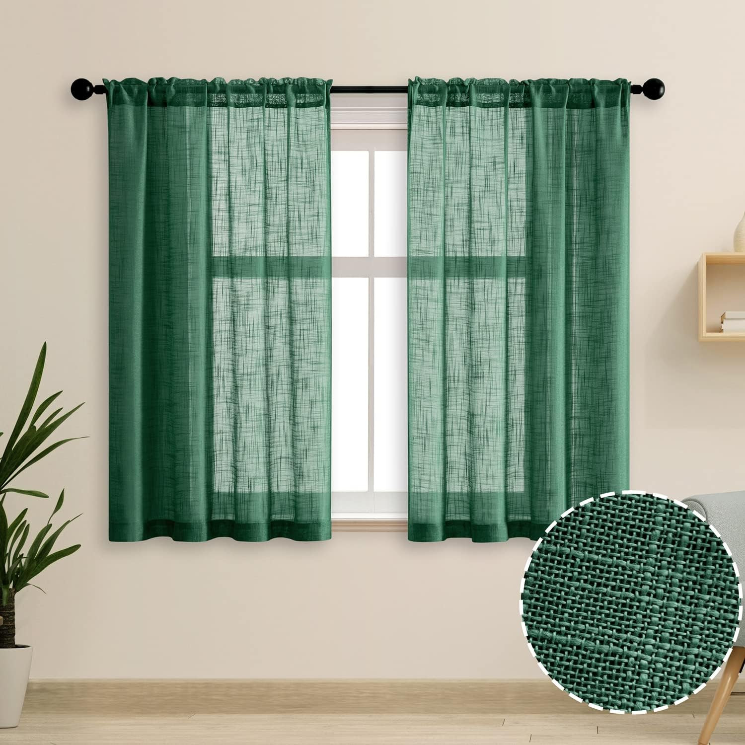 Bathroom Window Curtains, Airy Semi 36″W x 48″L (Pack of 2) Emerald Green