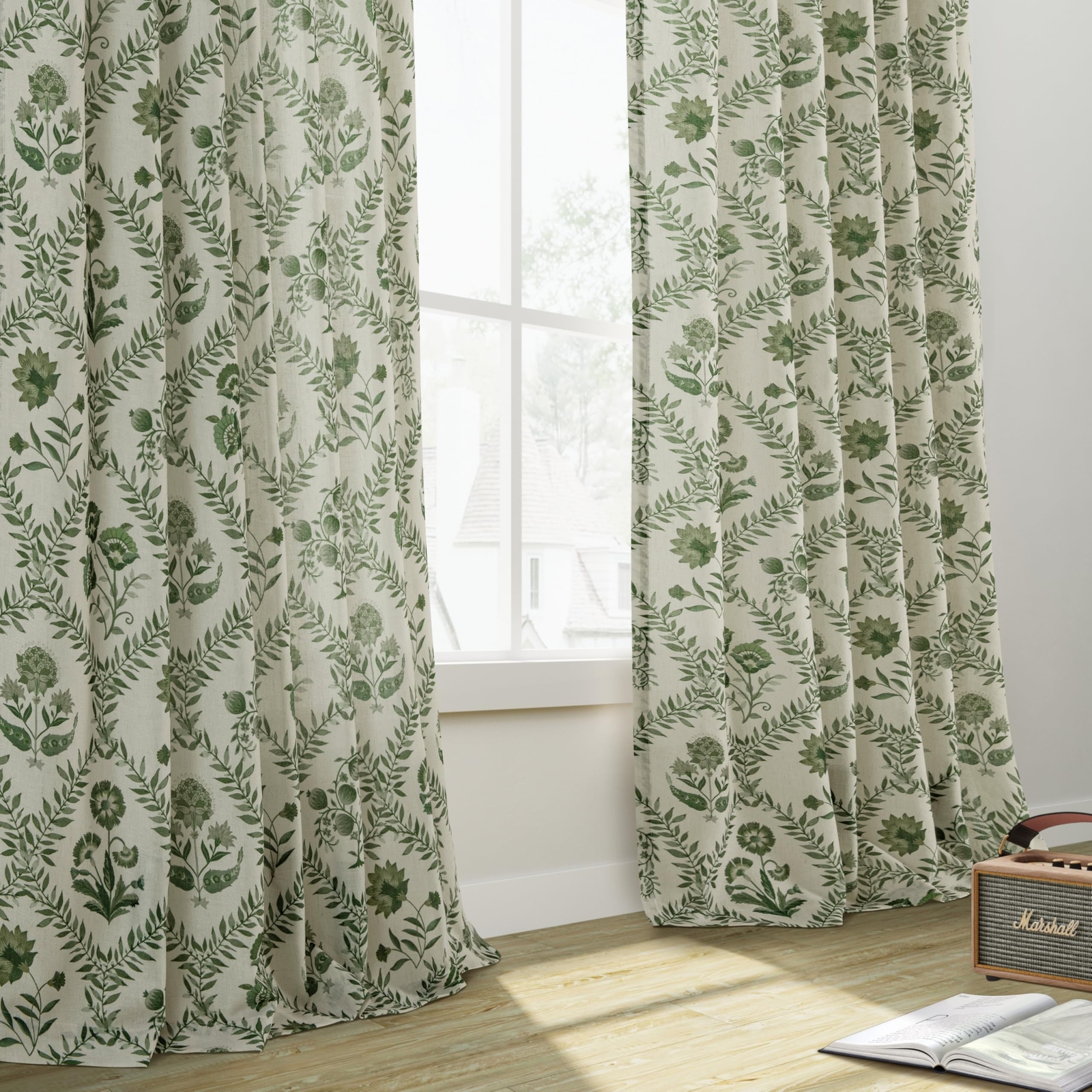 Green Floral Linen Curtains 63 Inch Length 2 Panels Patterned Semi Sheer Livi…