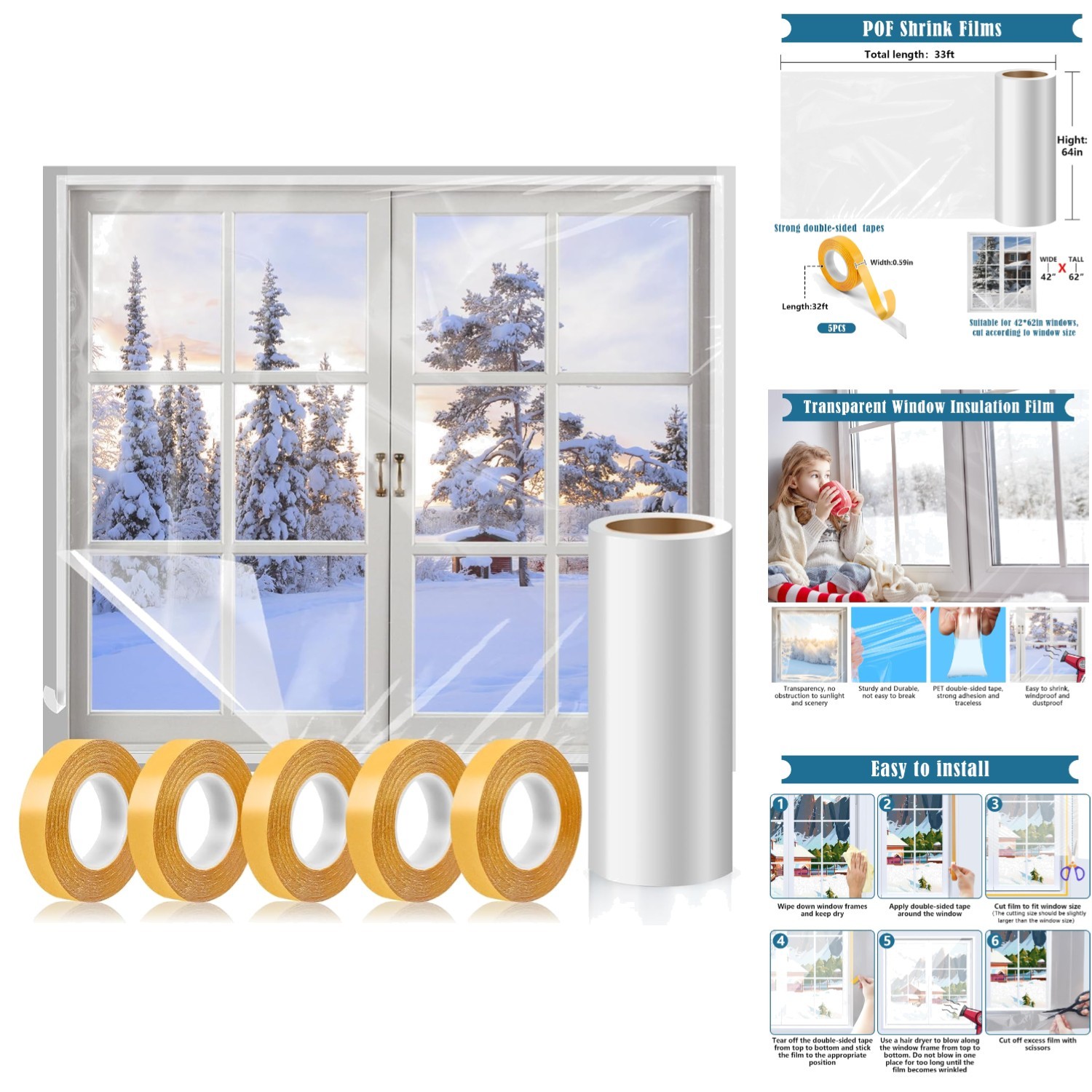 Window Insulation Kit 63 × 394 Inch Plastic Coverings for Winter Shrink Film