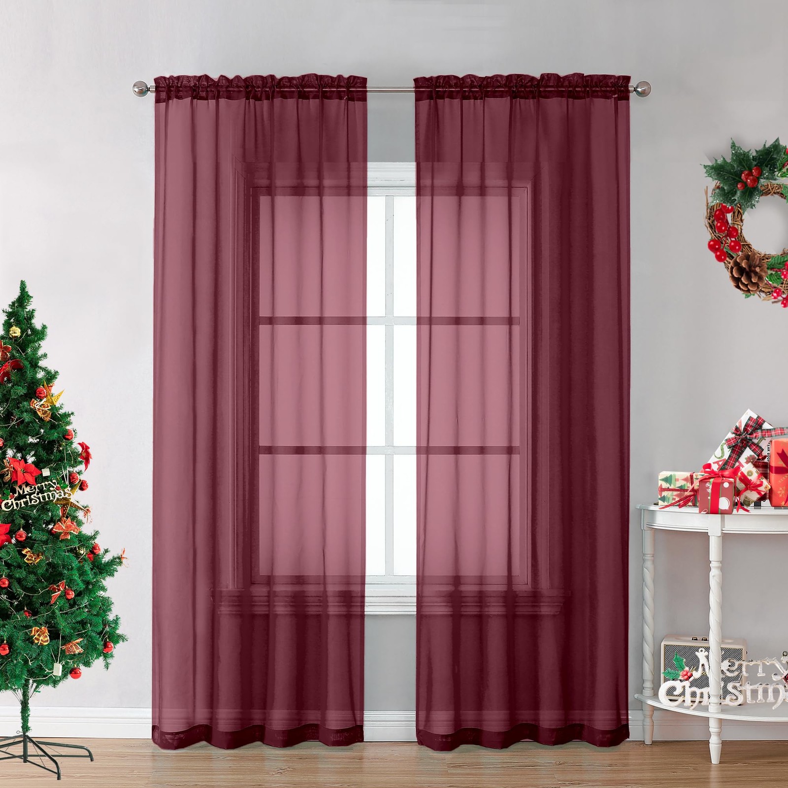 Burgundy Sheer Curtains 84 inch Length 2 Panels Set, Light Filtering Sheer Pr…