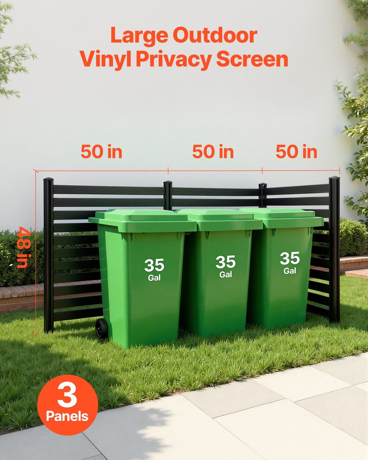 3-Panel Vinyl Privacy Screen 50x48in w/ 27.6in Galvanized Stakes, Black