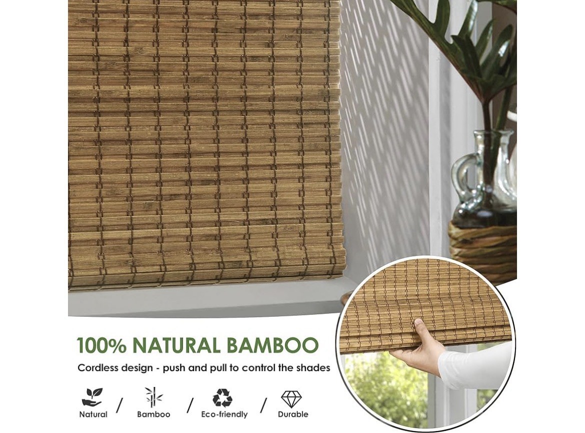 Cordless Bamboo Roman Shades Privacy Blinds for Interior Windows 35”W x 64″ H