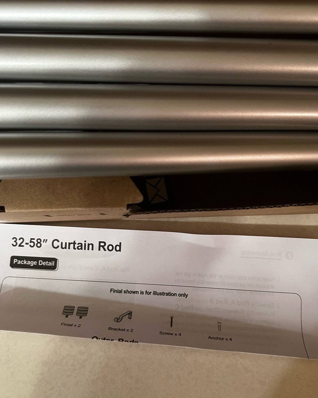 Curtain Rod 32–58 in Brushed Nickel w/ Finials Brackets Screws Complete Set