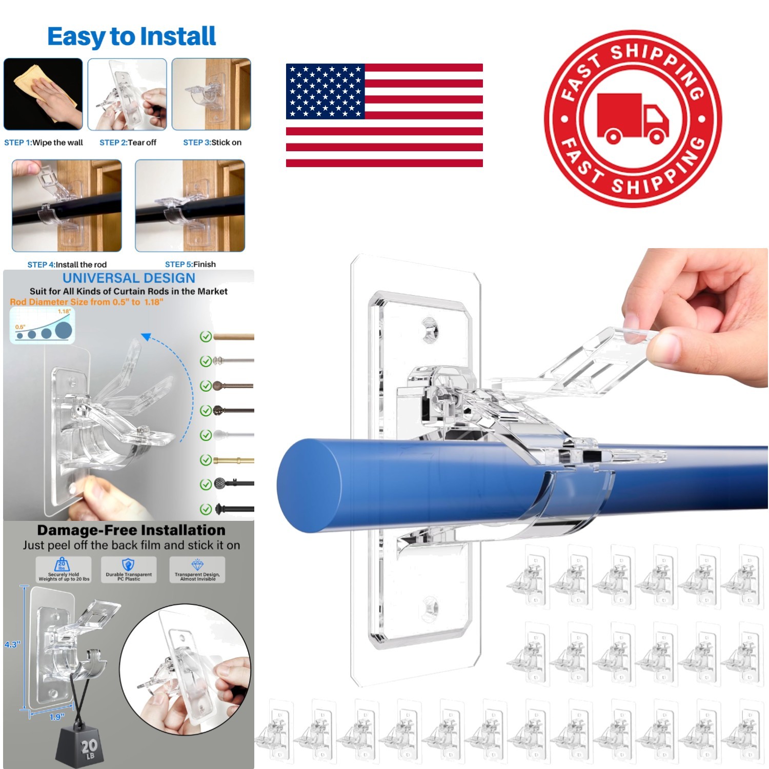 24 Pack Wall Mount Curtain Rod Holders No Drill Needed for Various Decor Styles