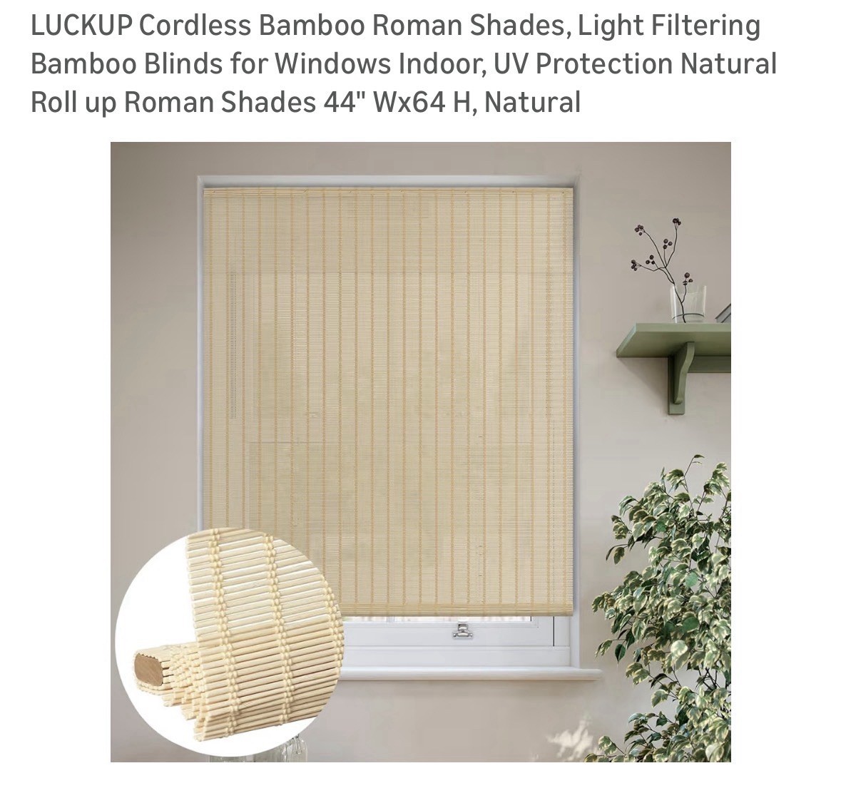 LUCKUP Cordless Bamboo Roman Shade Light Filtering UV Natural 44 x 64 in