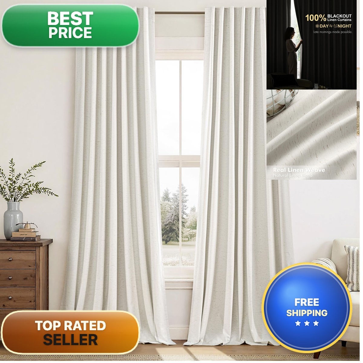 MIULEE Linen 100% Blackout Curtains 96 Inch Long 2 Panels Ivory