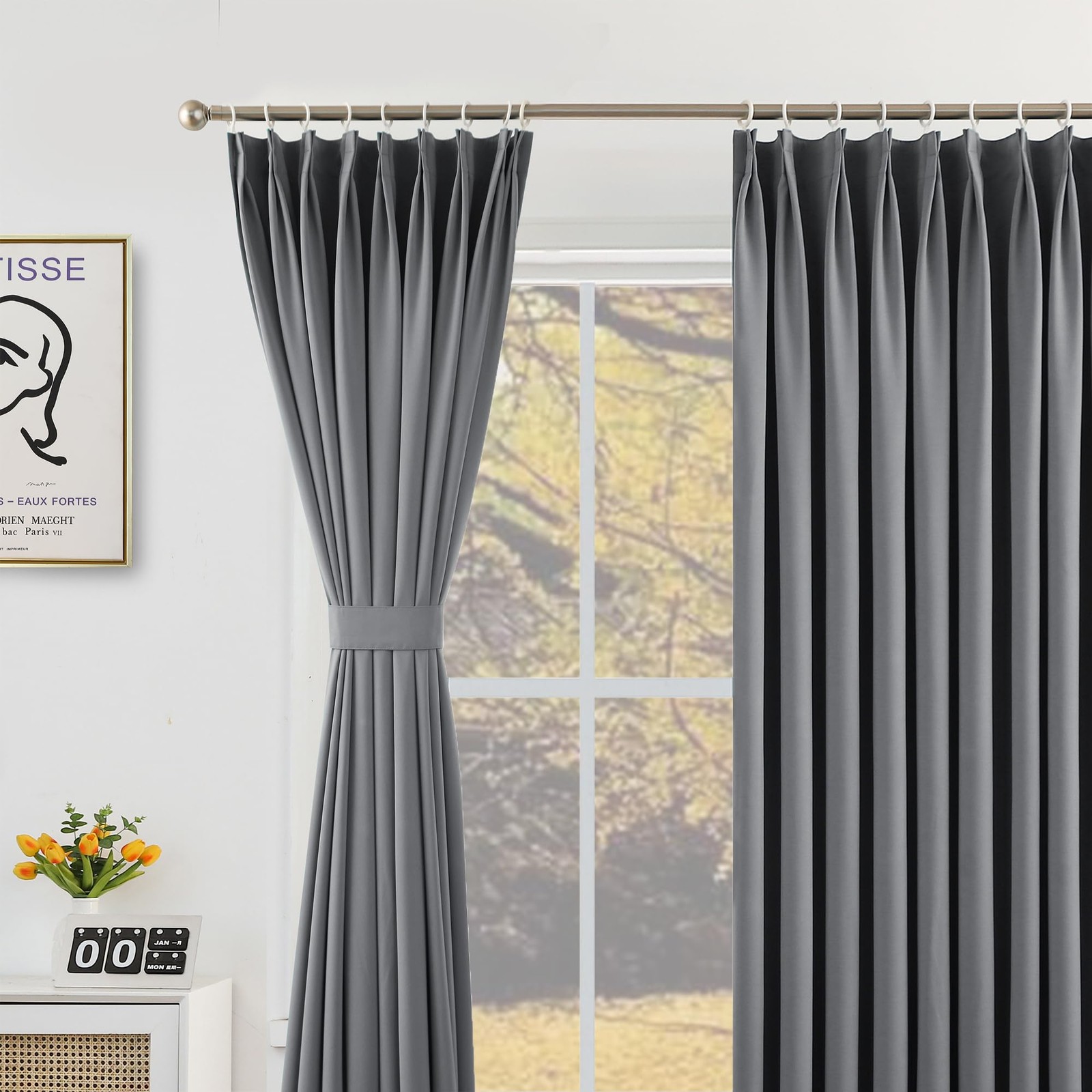Grey Pinch Plea Curtaint 72″ W x 96″ L Solid Thermal Insulated 95% Blackout P…