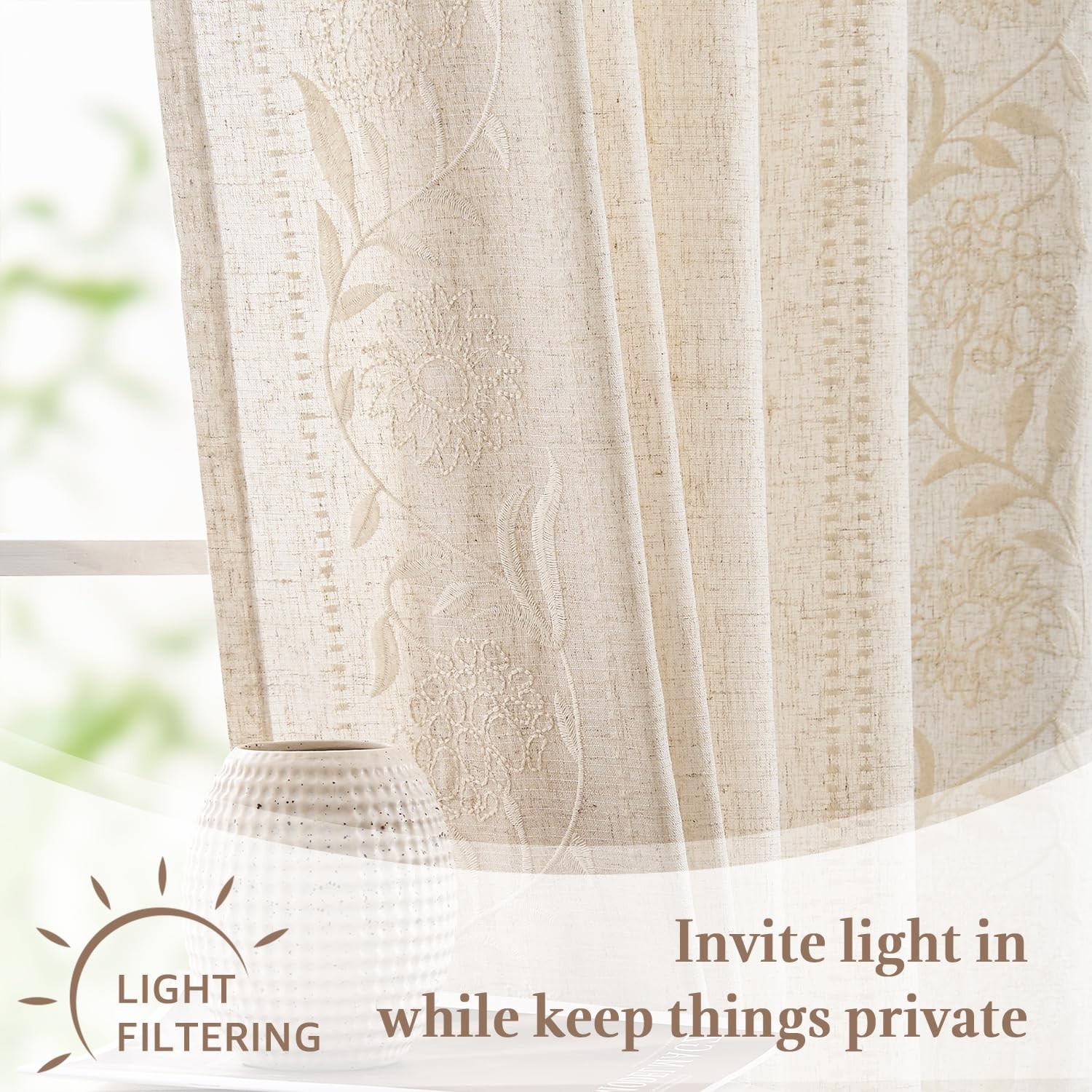 Winslow Linen Kitchen Curtains 24 Inch Length Small Window Curtains Embroider…