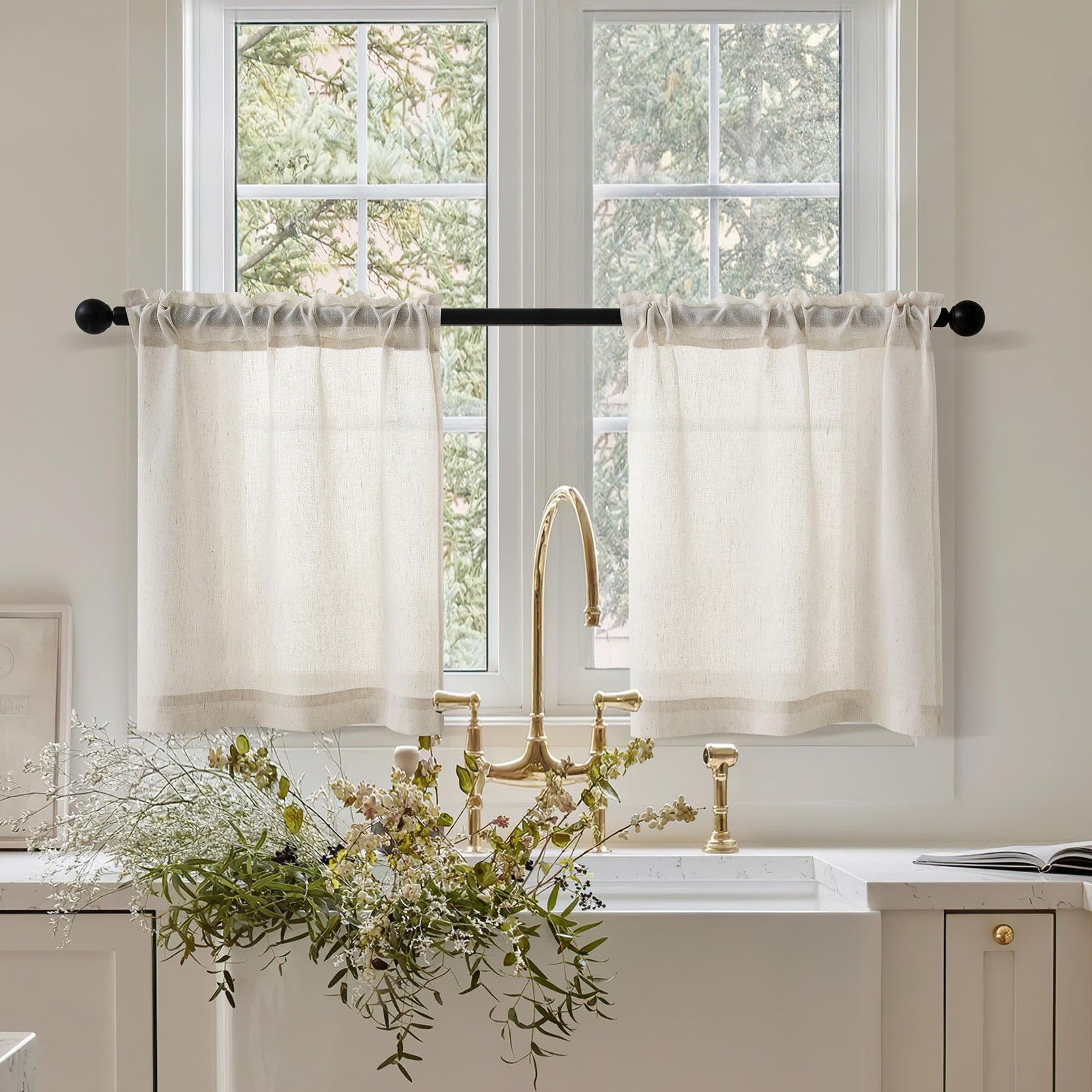 Cream Linen Cafe Curtains 24 inch Length 2 Panel Set Rod Pocket Farmhouse Sho…