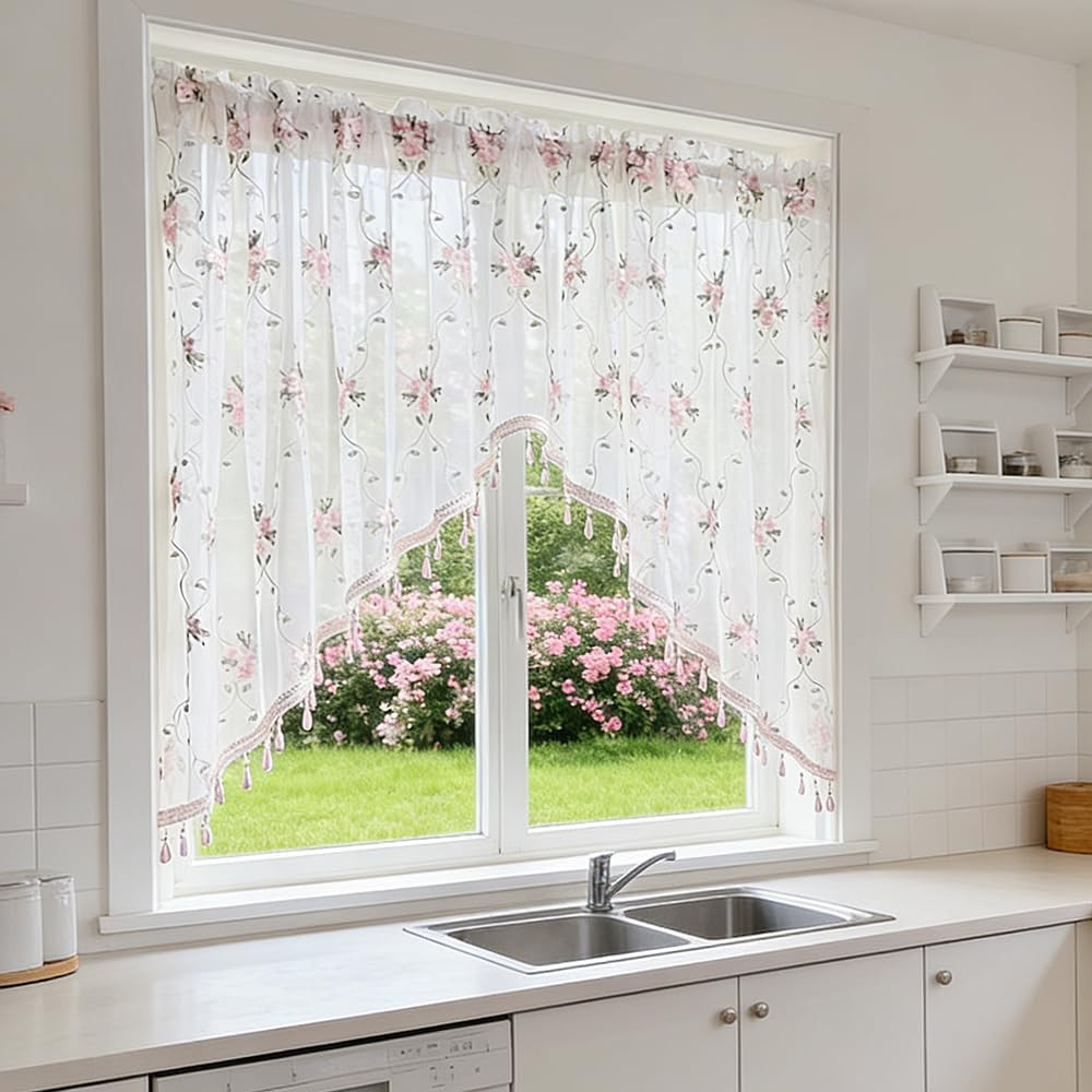1PC Victorian Style Floral Sheer Swag Curtain Valance for Arched Door | Pink Emb