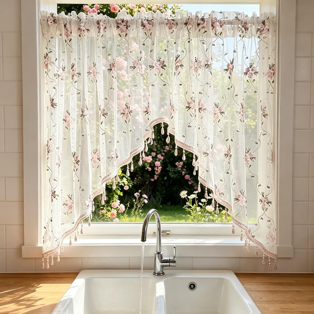 1PC Victorian Style Floral Sheer Swag Curtain Valance for Arched Door | Pink Emb