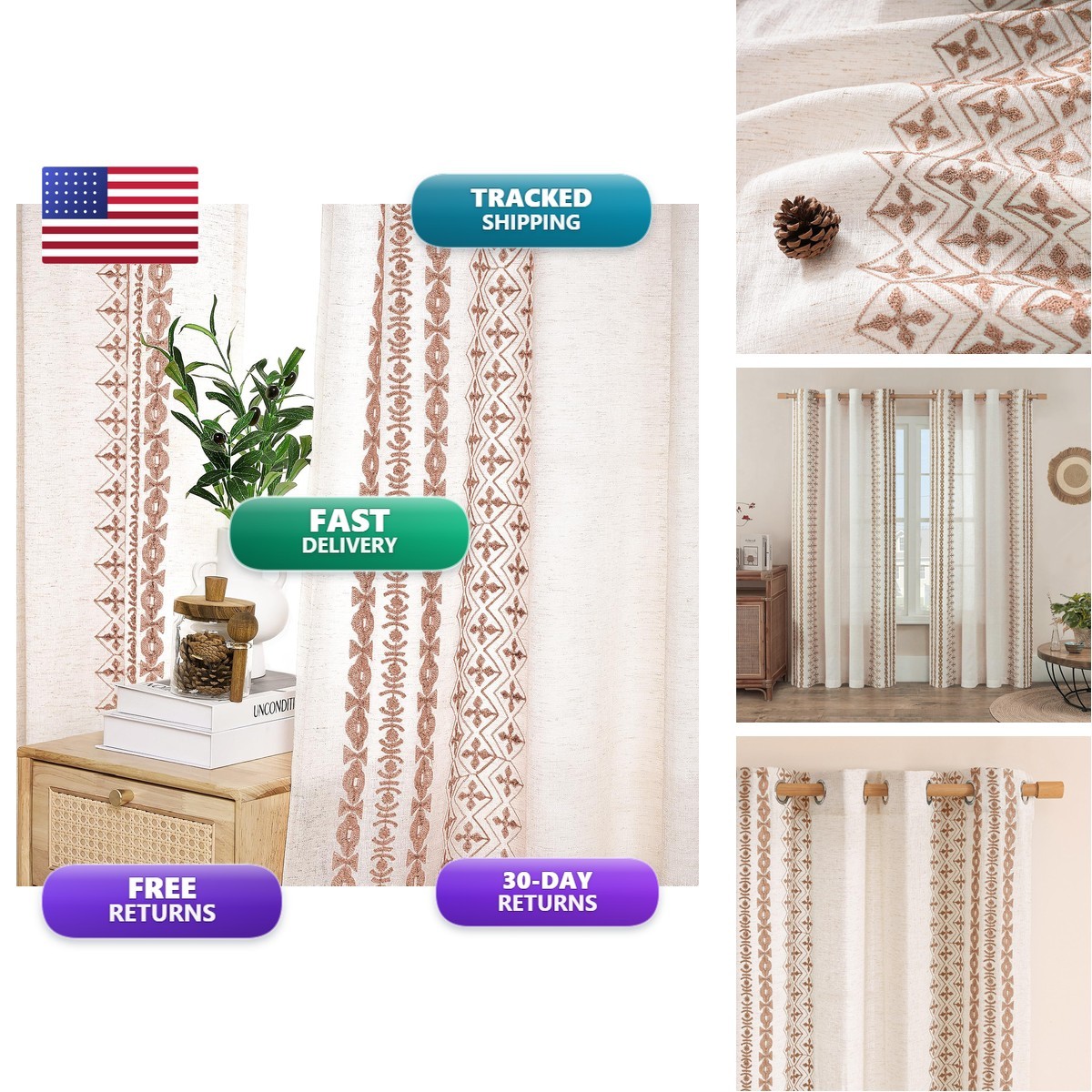 Chorowl Beige Linen Curtains 96″ Long 2 Panels 52×96″ Taupe on Cream Striped
