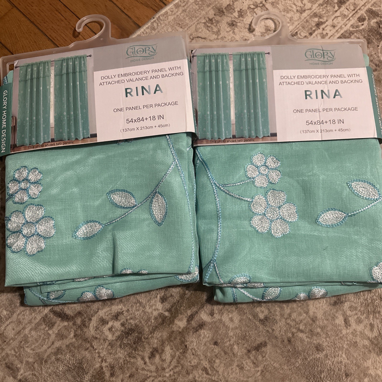 Glory Home Design set of 2 Rina Aqua Panel 54×84+18 Floral Attached Valance new