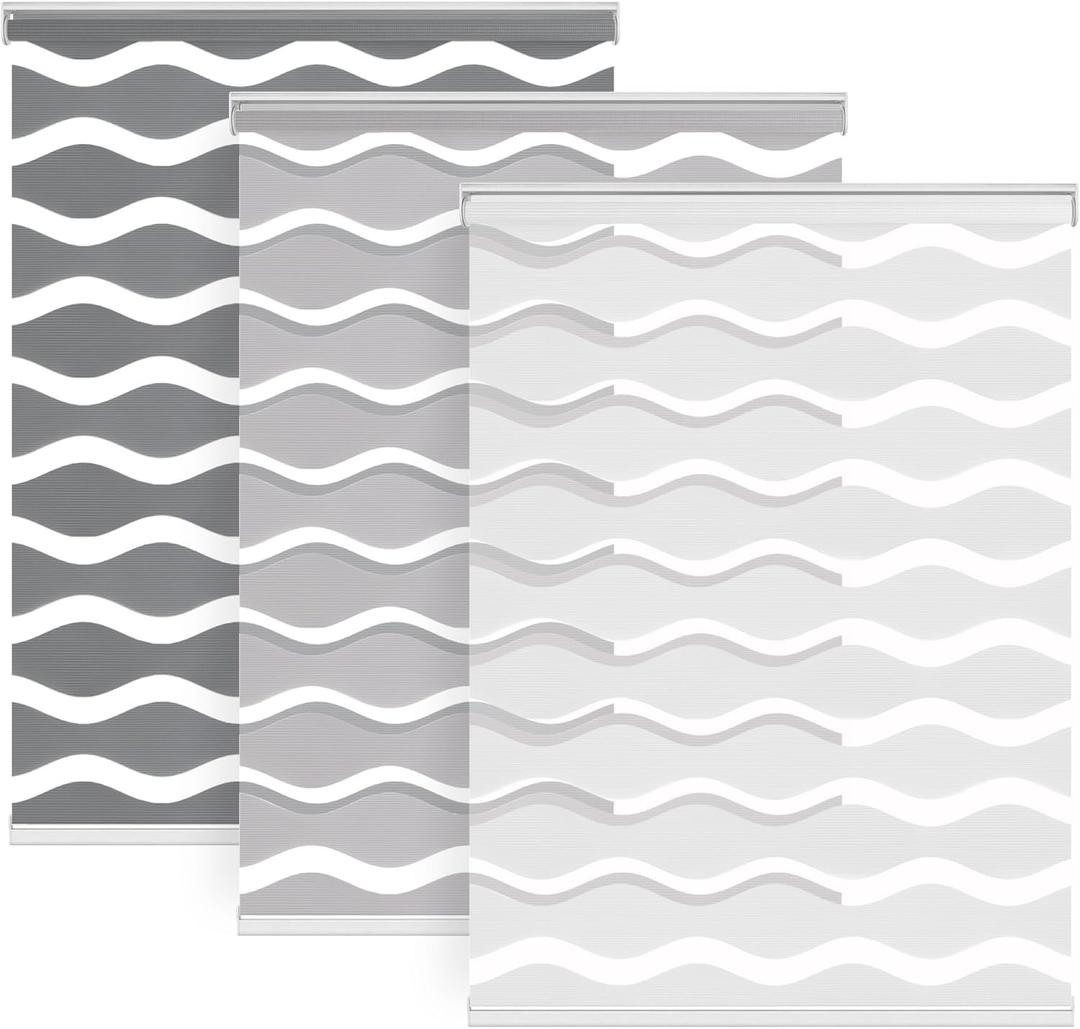 No Drill Cordless Zebra Blinds 24″ W x 72″ H Grey Dual Layer Light Control Rolls