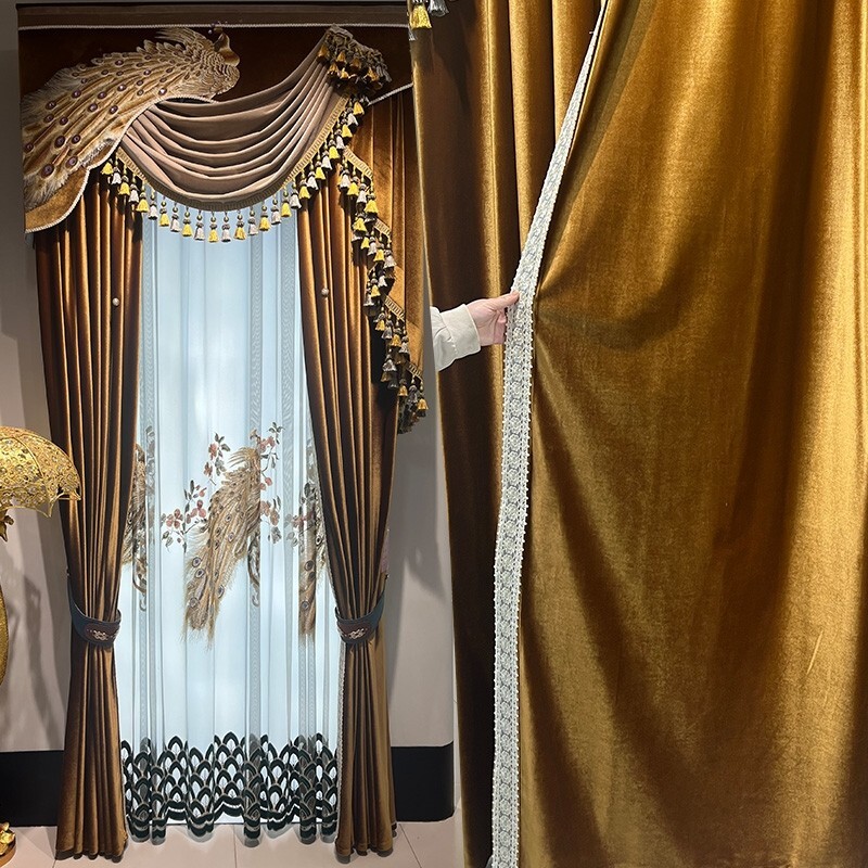 Custom Luxury velvet gold coffee peacock cloth curtain tulle valance drape C2123