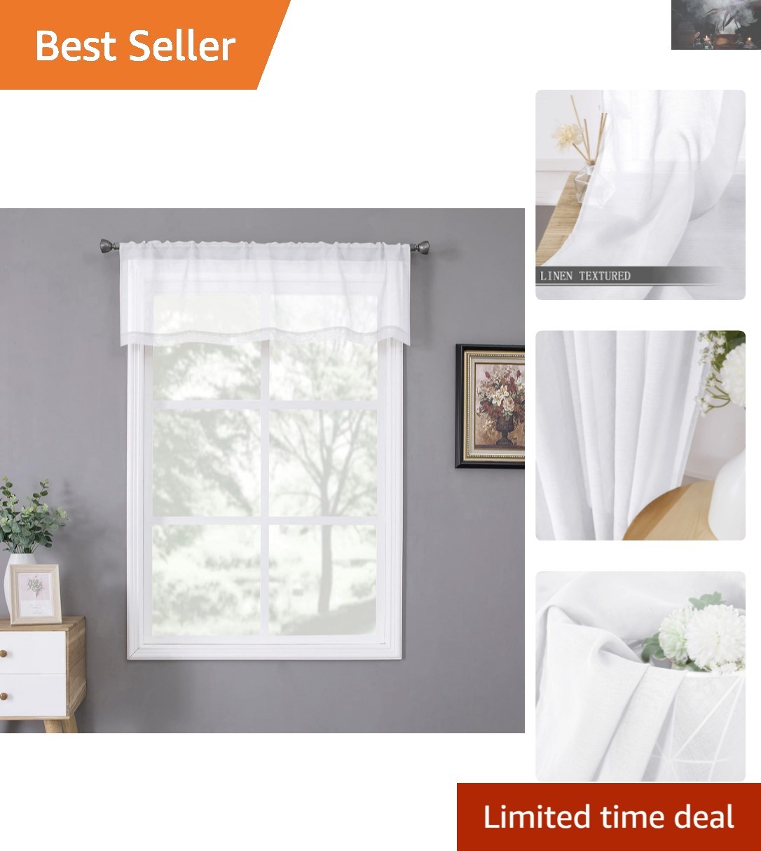 Contemporary Linen Textured Sheer Valance for Living Room – 54 x 16 Inch Panel