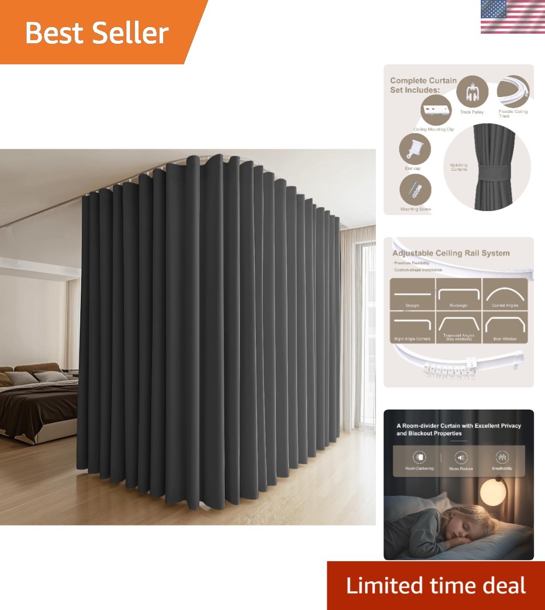 Room Divider Curtain Set Blackout Soundproof Thermal Insulated Ceiling Track