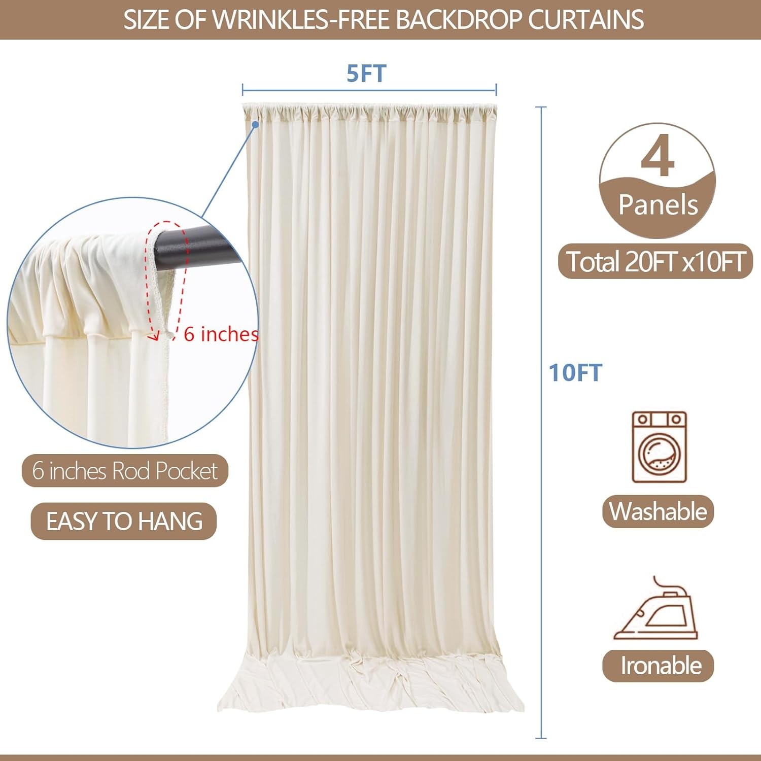 20x10ft Wrinkle Ivory Backdrop Curtain for Parties Soft Fabric Drapes Wedding