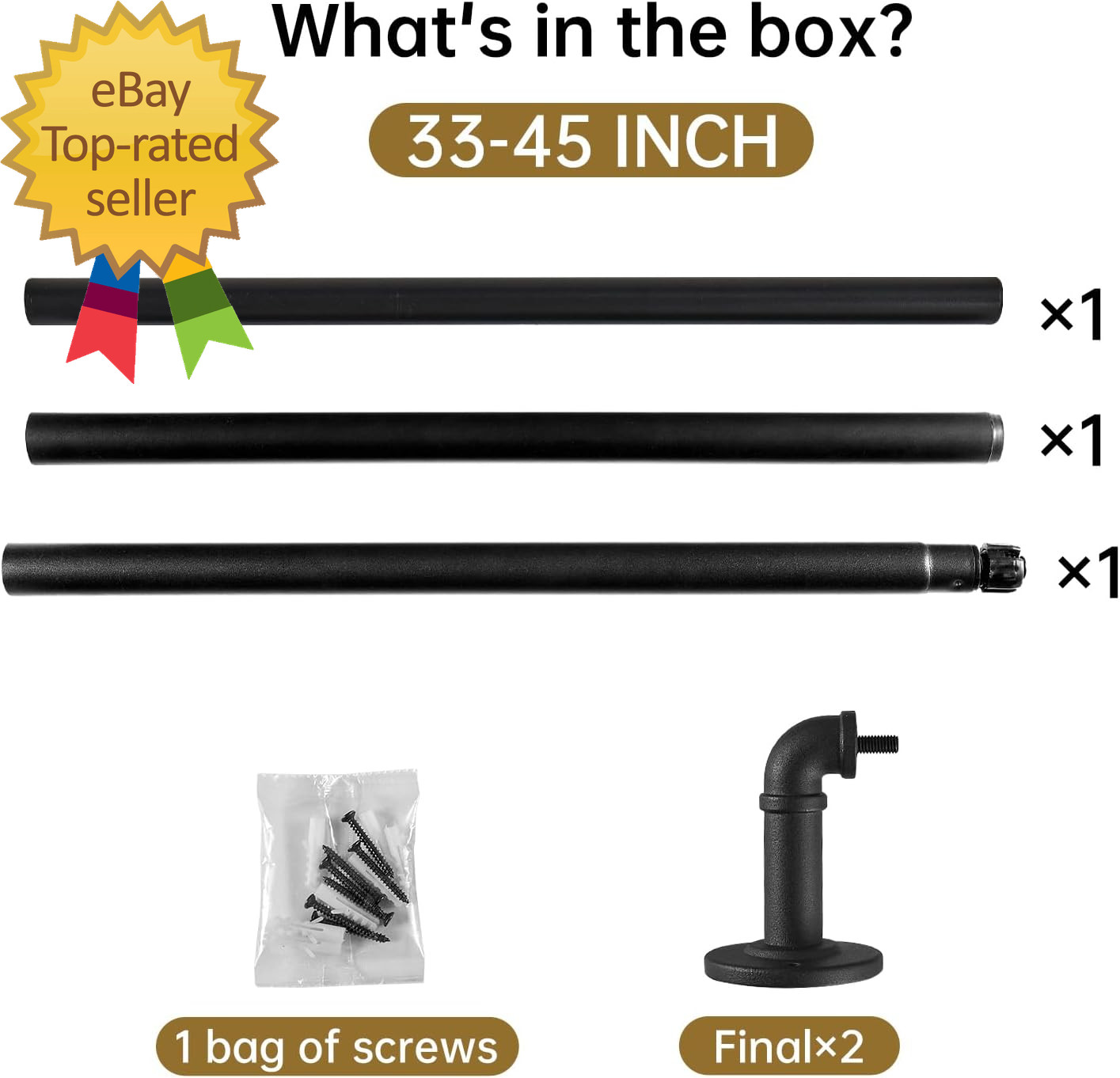 2 Pack Industrial Curtain Rods, 33 to 45 Inches, 5/8 Inch Diameter, Black | for