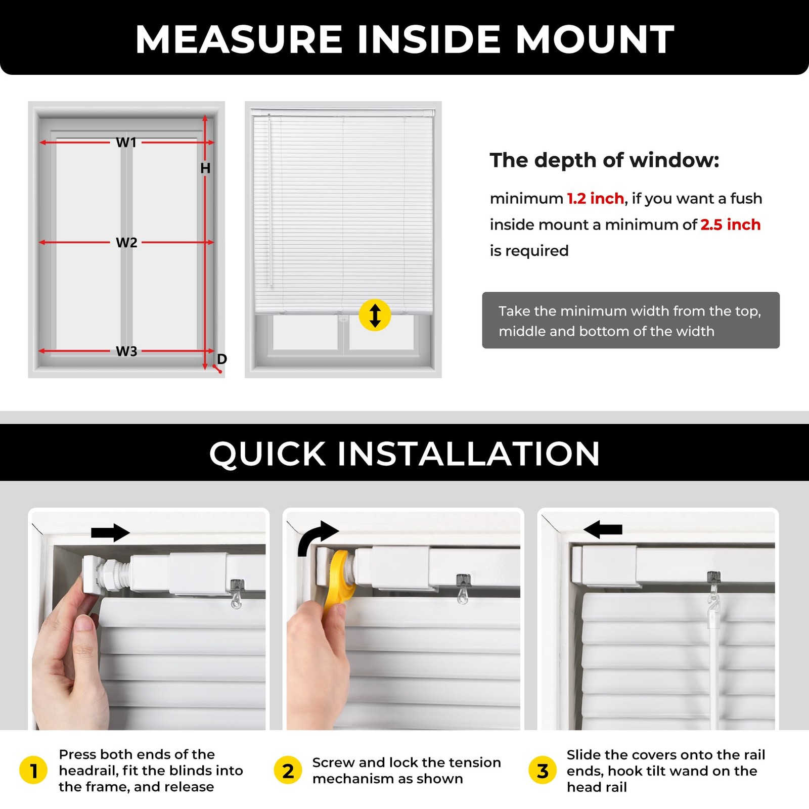 No Drill Aluminum Cordless Mini Blinds, 28×64 in, White