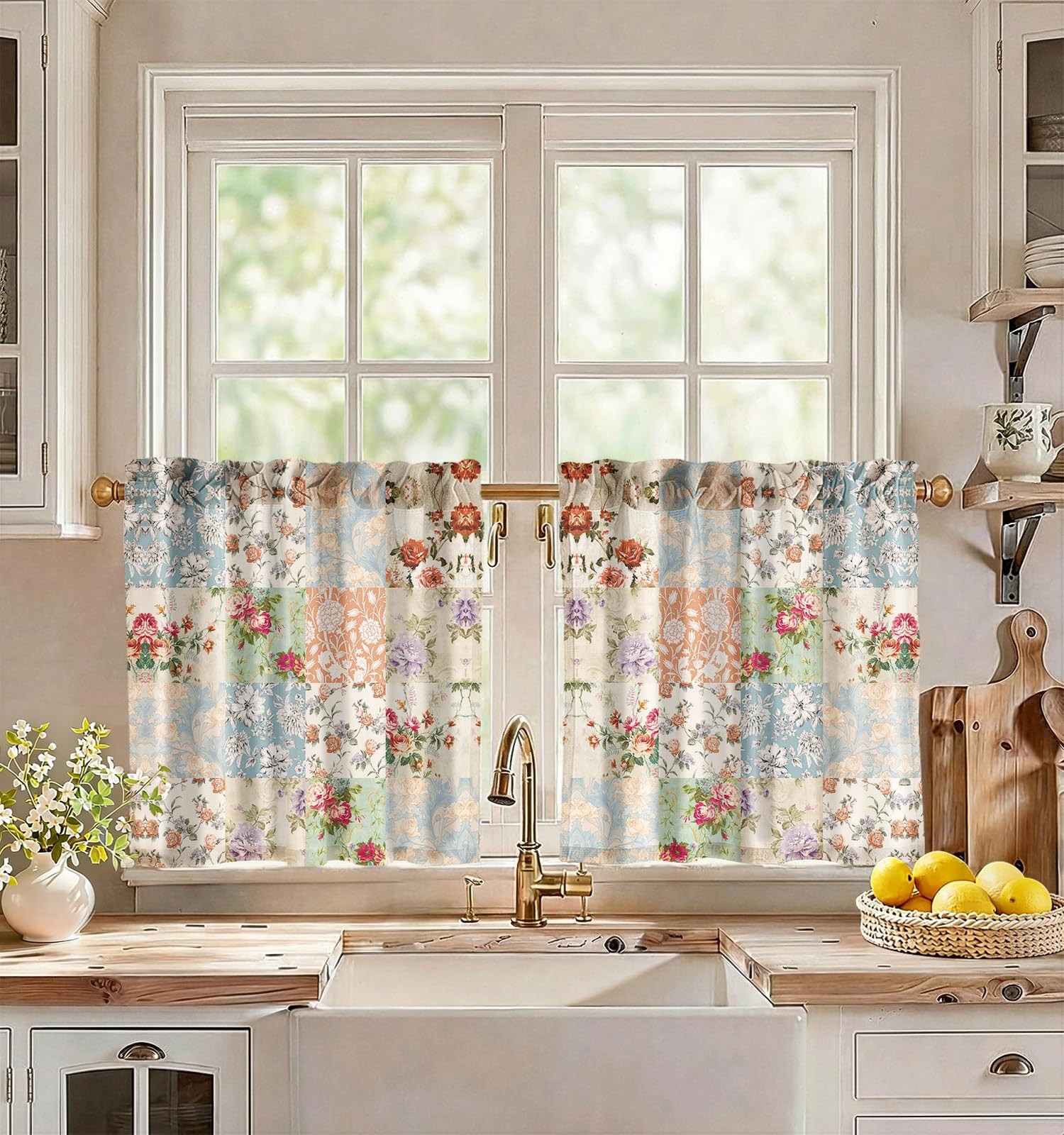 Boho Kitchen Curtains – 24 Inch Length Linen Blend Vintage Floral Cafe Curtai…