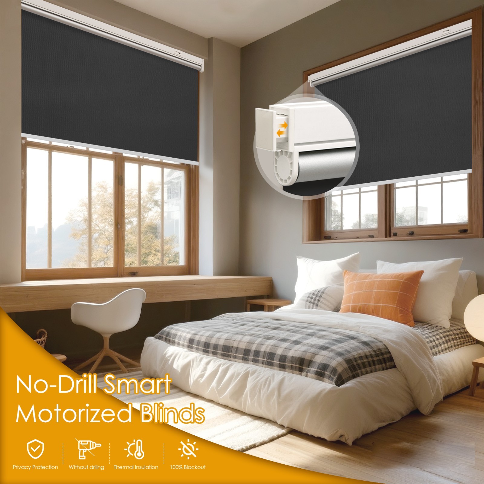 Cordless No-Drill Motorized Roller Blinds with Remote Control Solar Panel Includ
