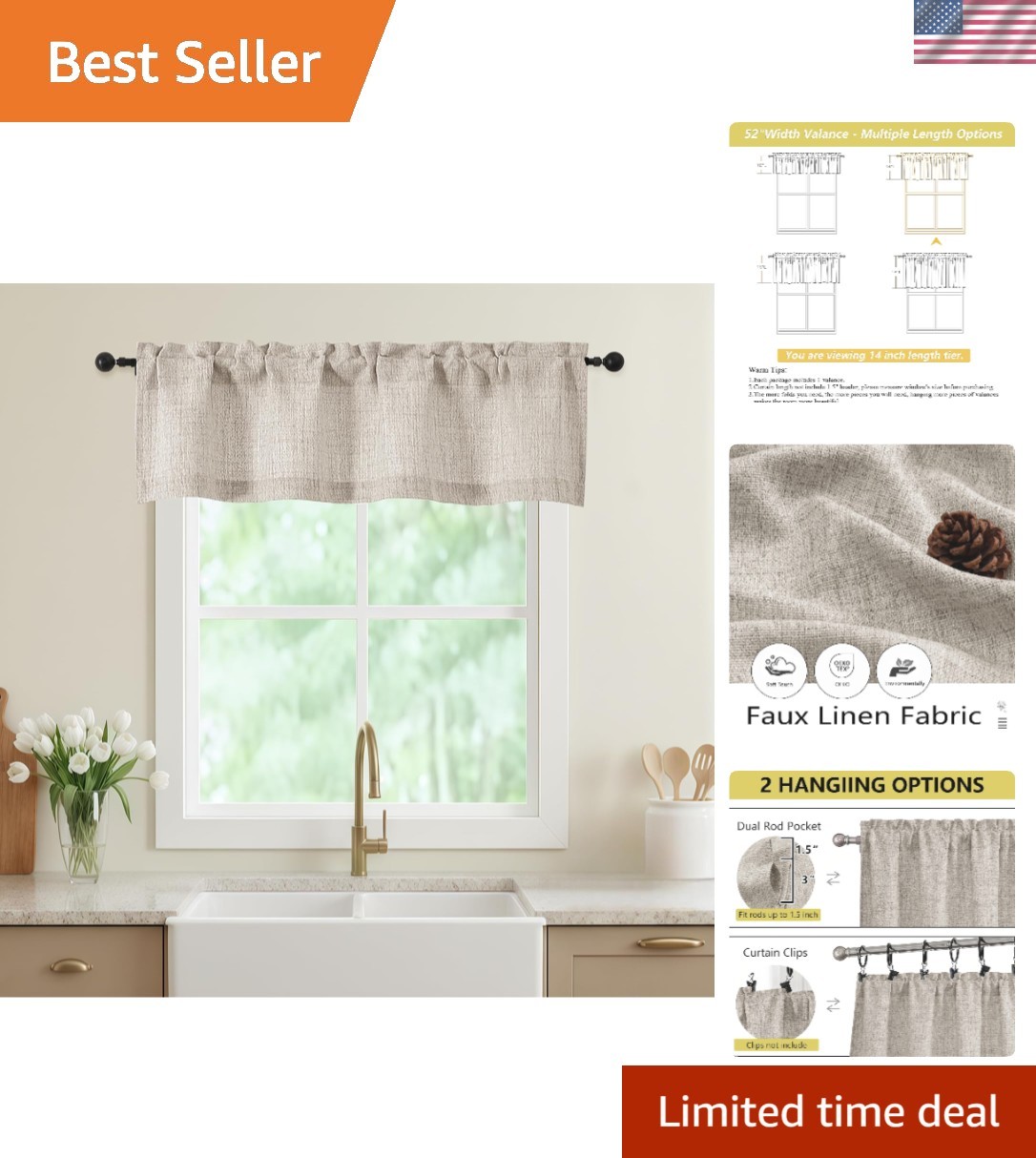 Modern Rod Pocket Valance Curtain – Light Filtering, Linen 52Wx14L for Any Room