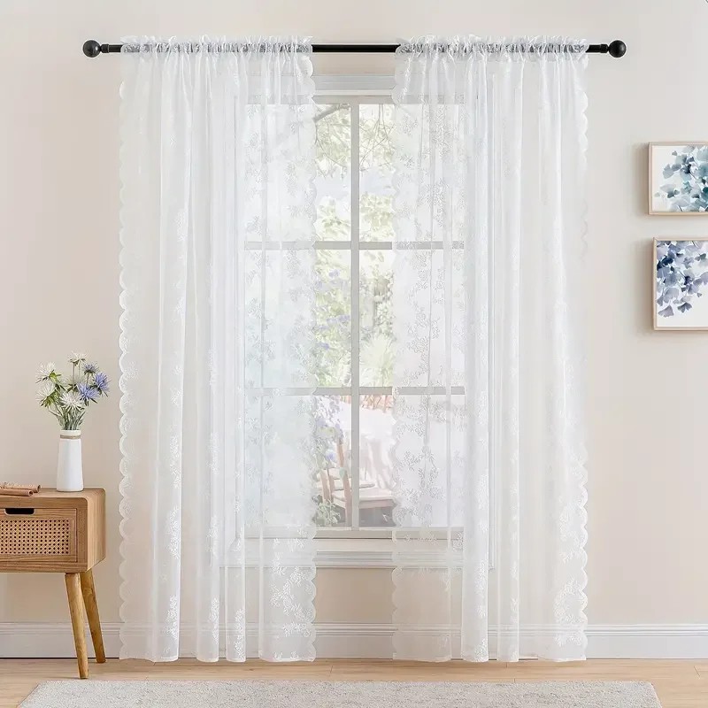 Vintage Floral Embroidery Lace Curtain Panel Privacy Light Filtering