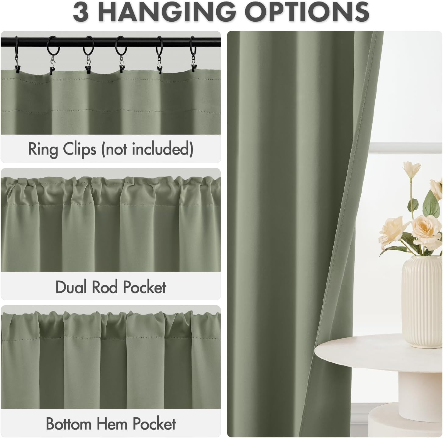 MIULEE Blackout Curtains 4 Panels Sets Sage Green 63 Inch Length, Top and Bottom