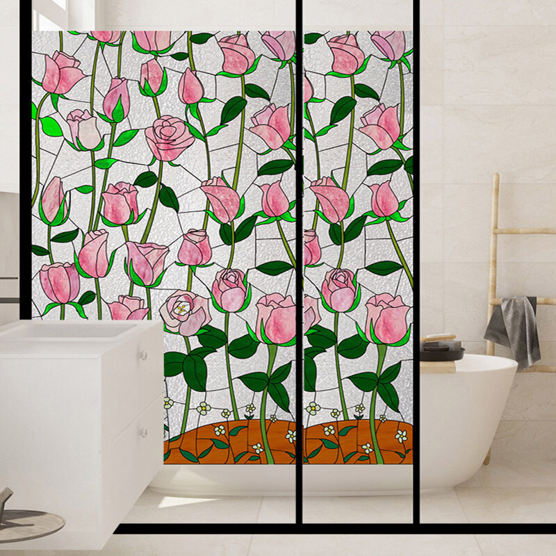 Retro Pink Flower Blossom Window Film Print Sticker Cling Stained Glass Decor