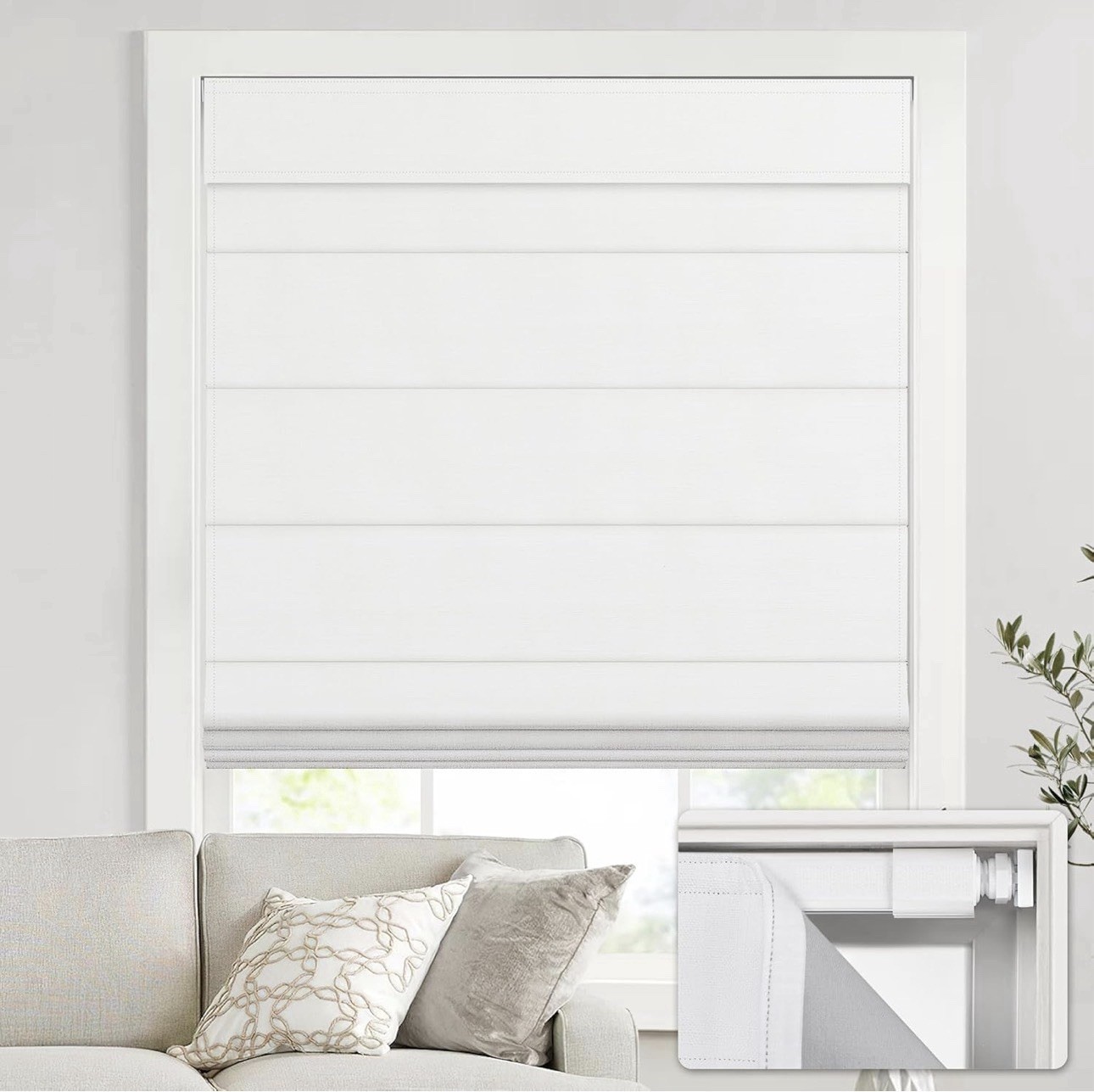 No Drill Cordless Roman Shades 30″ W x 64″ H 100% Blackout Linen Mist White
