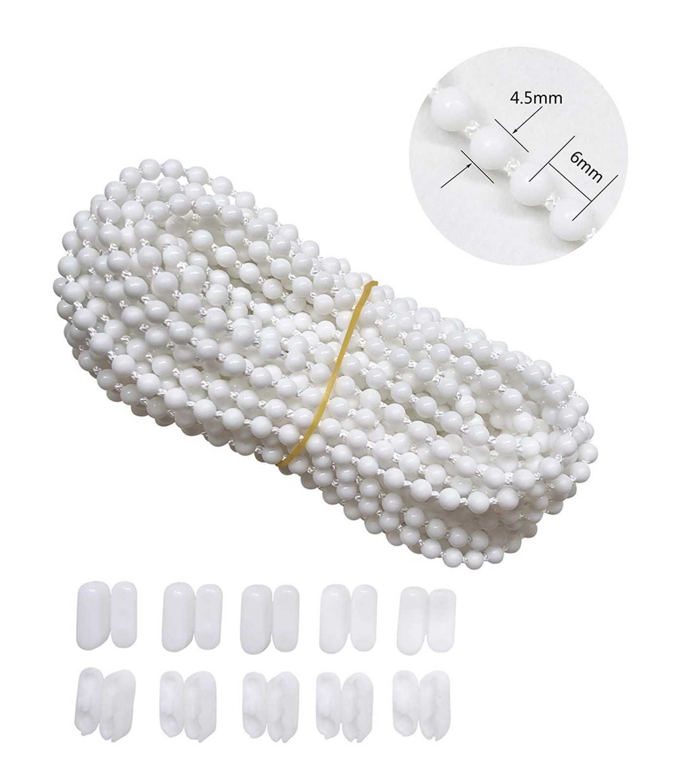 10m Roller Blind Bead Chain Cord with Connectors for Shade Repair (White)