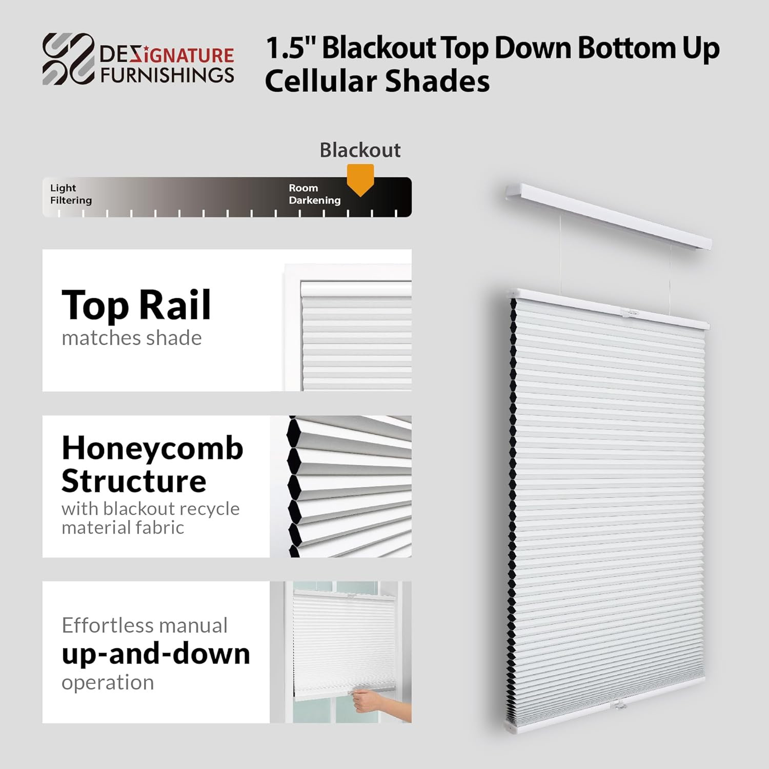 Cordless Blackout Cellular Shade, Top Down Bottom Up, 44″x48″, White