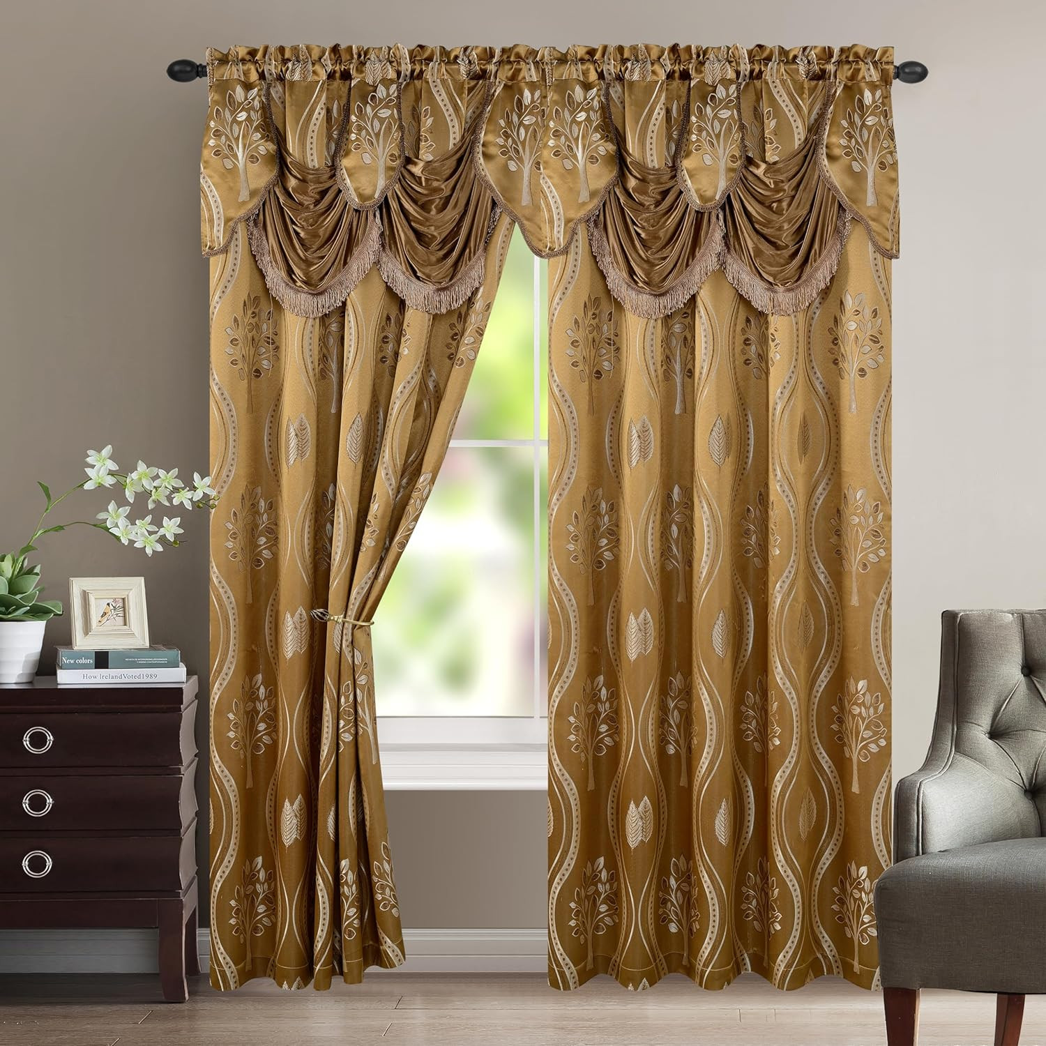 Aurora Jacquard Look Curtain Panel Set with Attached Valance 54″ X 84 Inch (Set