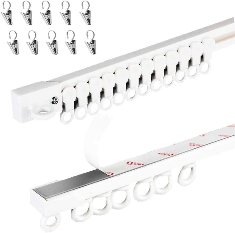 Adhesive Curtain Track, Self Adhesive Ceiling or Wall Curtain Rail Set (32 In…