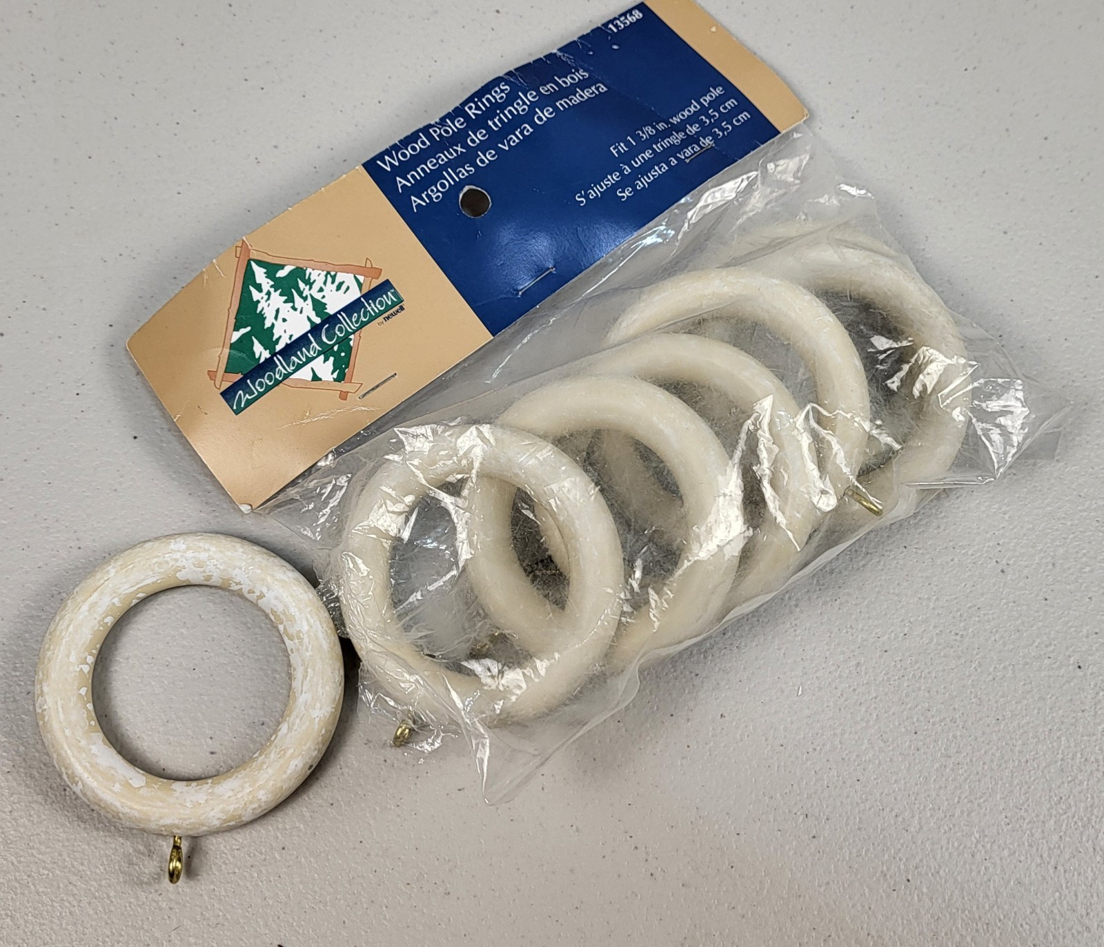 Vtg Solid Wood Rings 7p Woodland Whitewash for 1 3/8″ Pole Curtain Drapes Unused