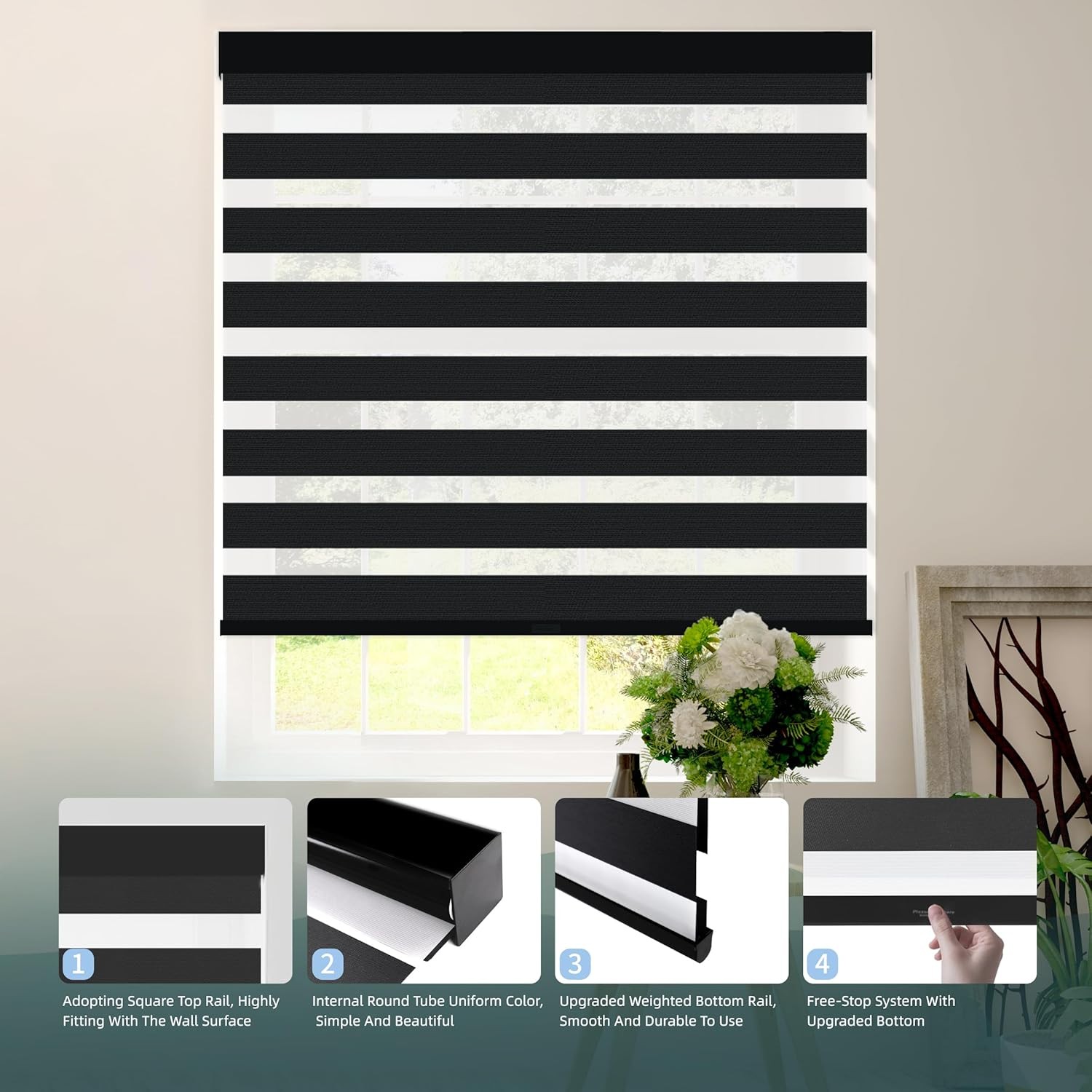 Cordless Zebra Blinds 33″ W x 72″ H Black Free-Stop Roller Shades