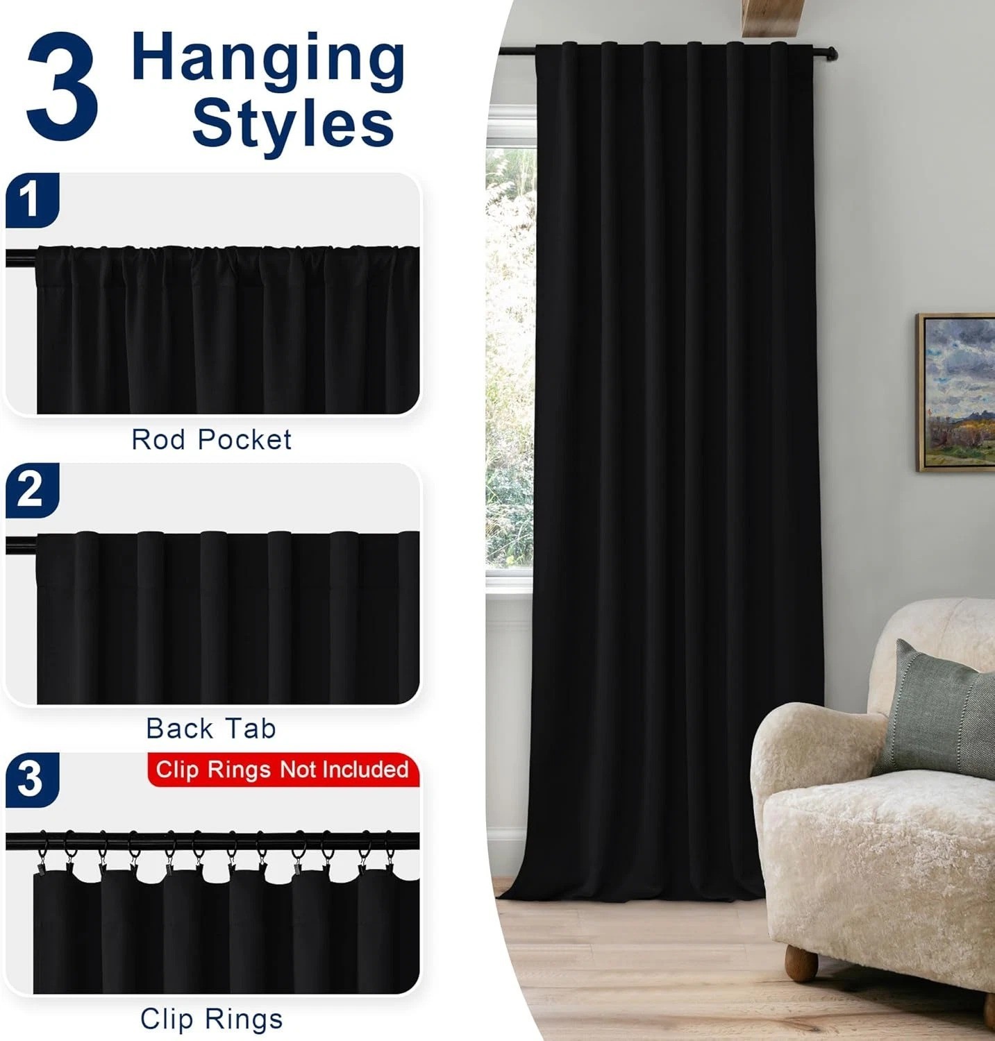 Hiasan Black Out Curtains 63 Inch Long Sewn with Tiebacks, Rod Pocket & Back Tab