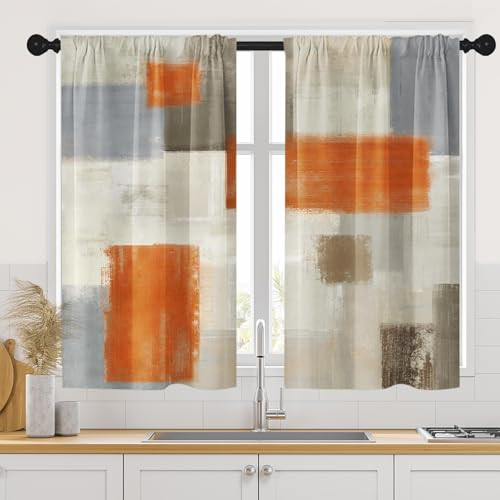 Beige Orange Painting Kitchen Curtains 45 Inch Length Grey Gray Window Short
