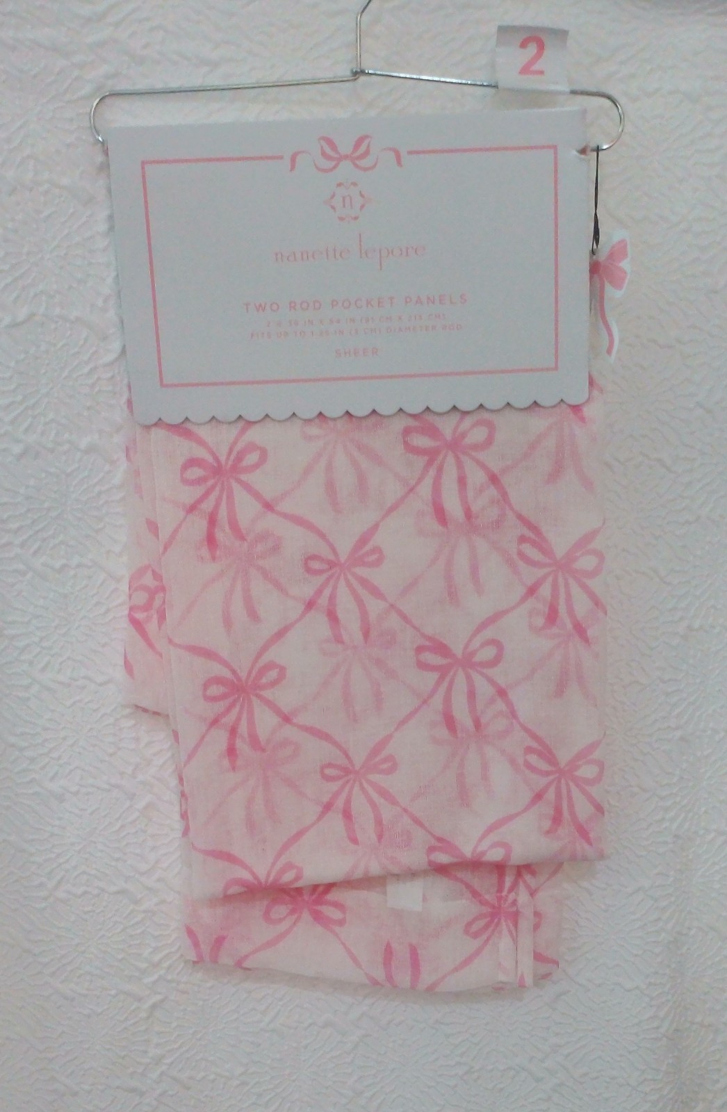 Nanette Lepore Home Pink Bow Sheer Curtains Rod Pocket 2 Panels 36×86″