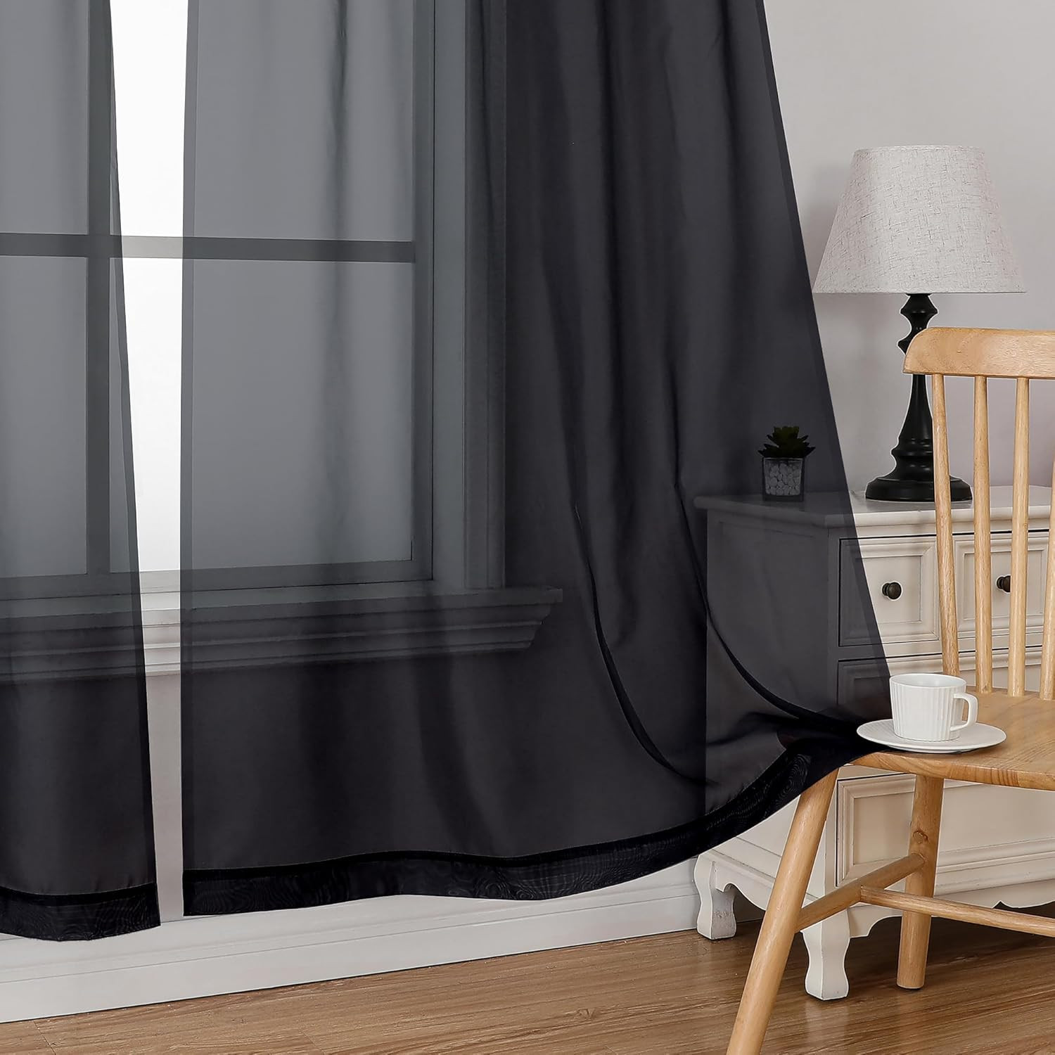 Rod Pocket Top Solid Voile Sheer Curtains for Bedroom, 54 Inch Length Drapes Set