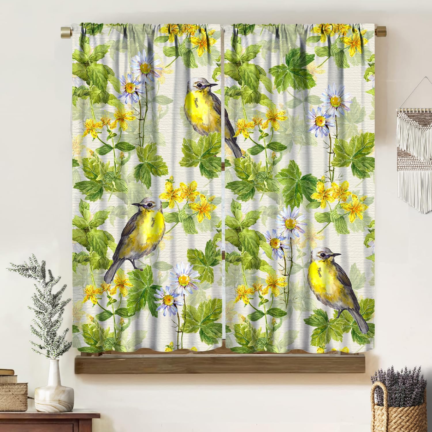 Bohemian Curtains, Vintage Rural Green Yellow Art Watercolor Plants Leaves Flor