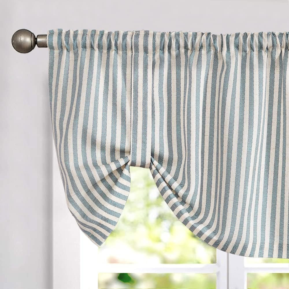 Tie up Linen Textured Striped Bow Tie Curtain for Kitchen Bathroom Rod Pocket Pi