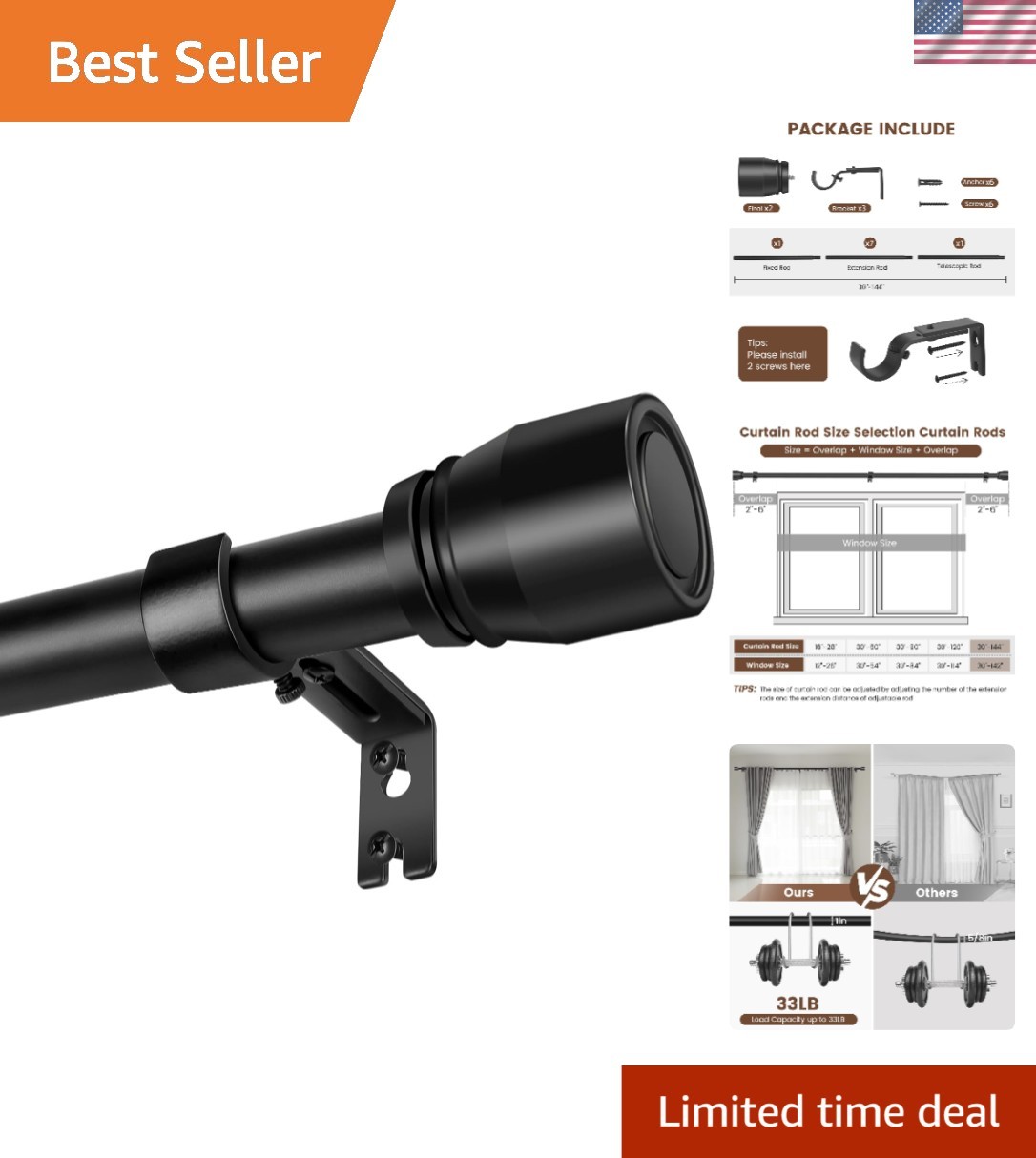 Versatile 1-Inch Diameter Adjustable Curtain Rod, Matte Black – Easy Install